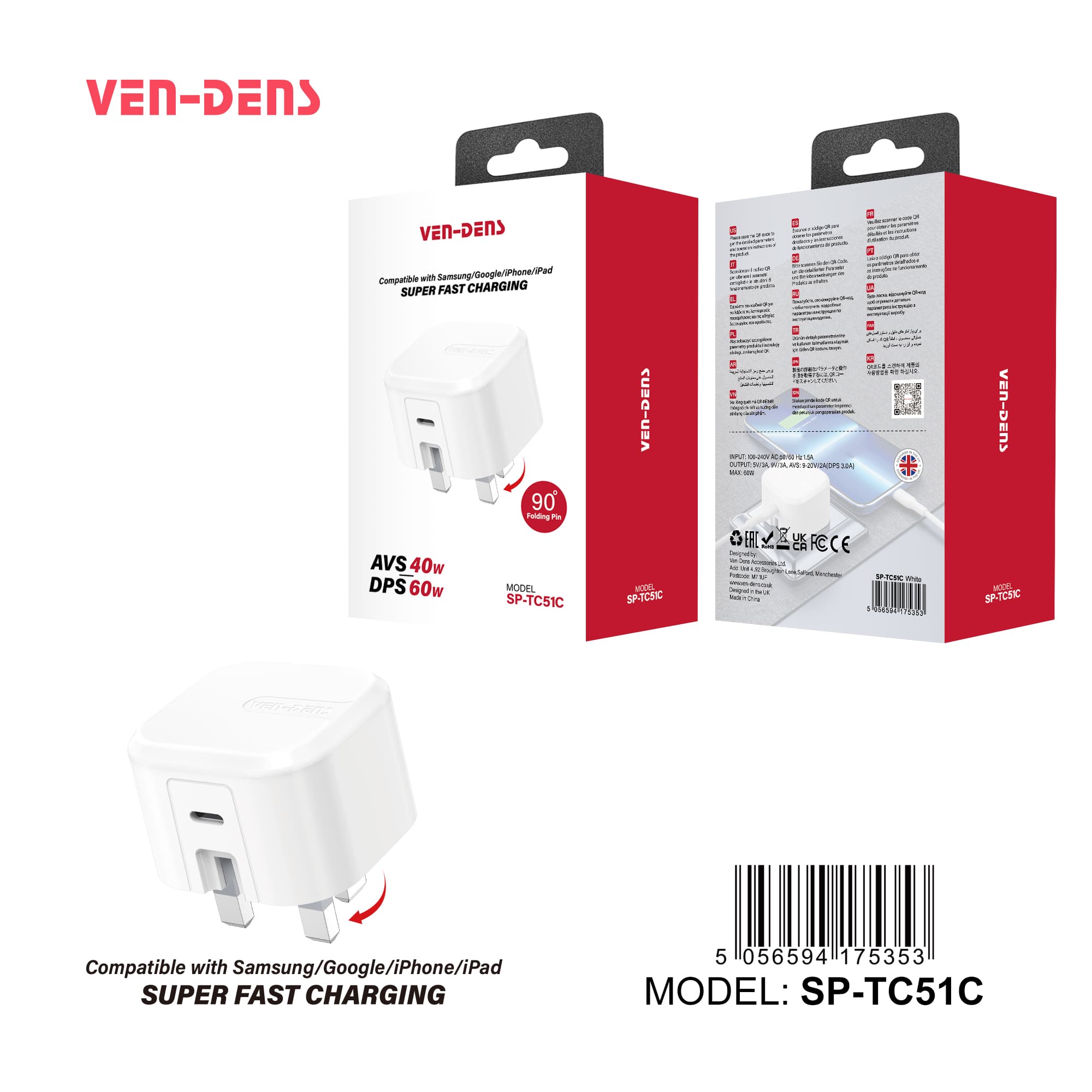 60W USB-C Super Fast Charger Plug with Foldable UK Pin – PD PPS Fast Charging Wall Adapter for Samsung, Google, iPhone & iPad (Model: SP-TC51C)