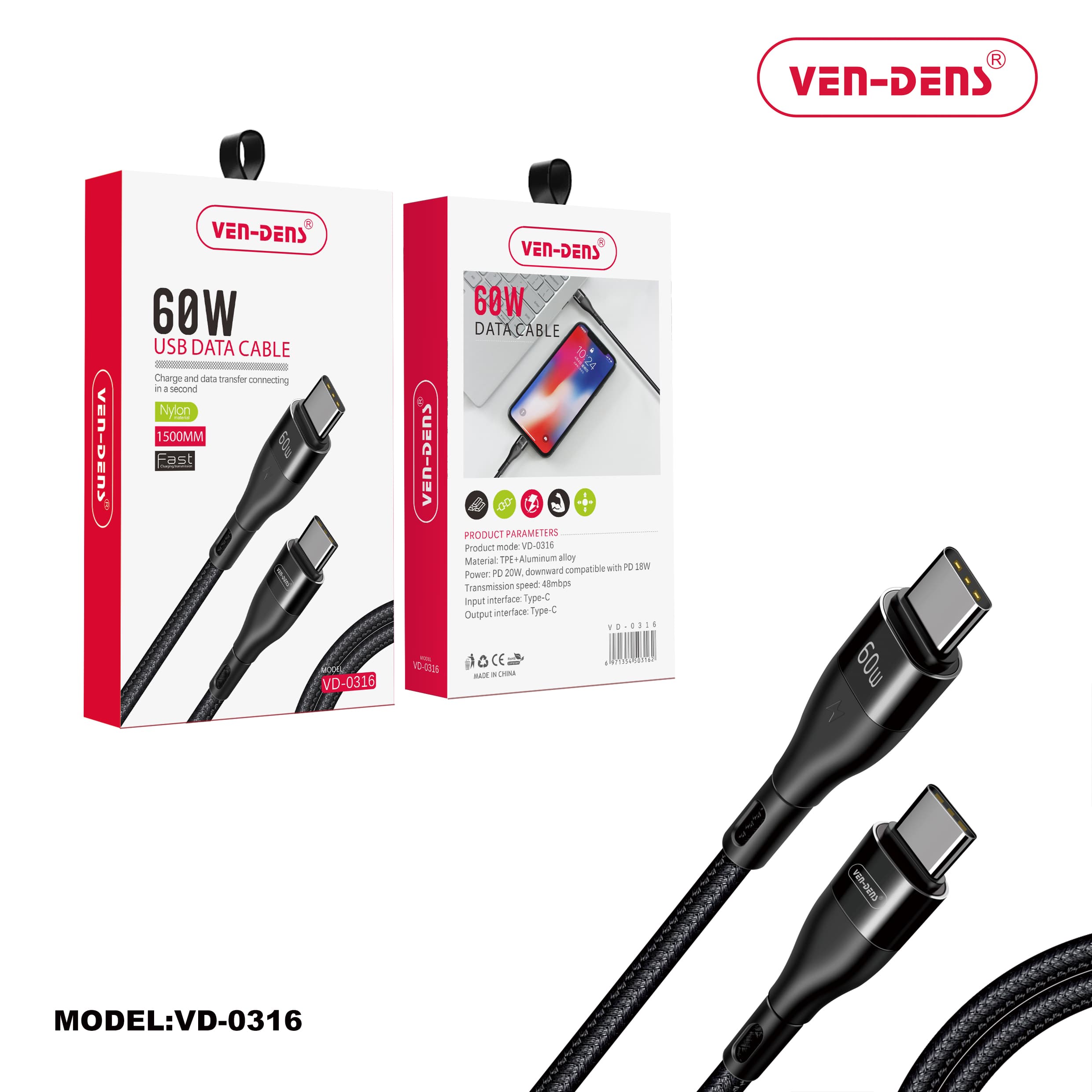 Type C To Type C Charging Cable 60W Braided Black (1.5 Metre)