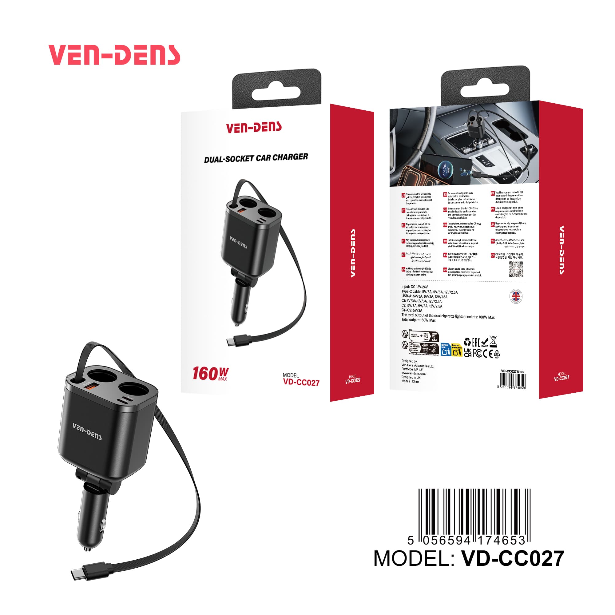 160W Dual-Socket Car Charger, 2 Cigarette Lighter Splitter with Fast USB Output & Type-C Cable, High-Power Multi-Port Car Adapter for Phones, Dashcams & Car Accessories