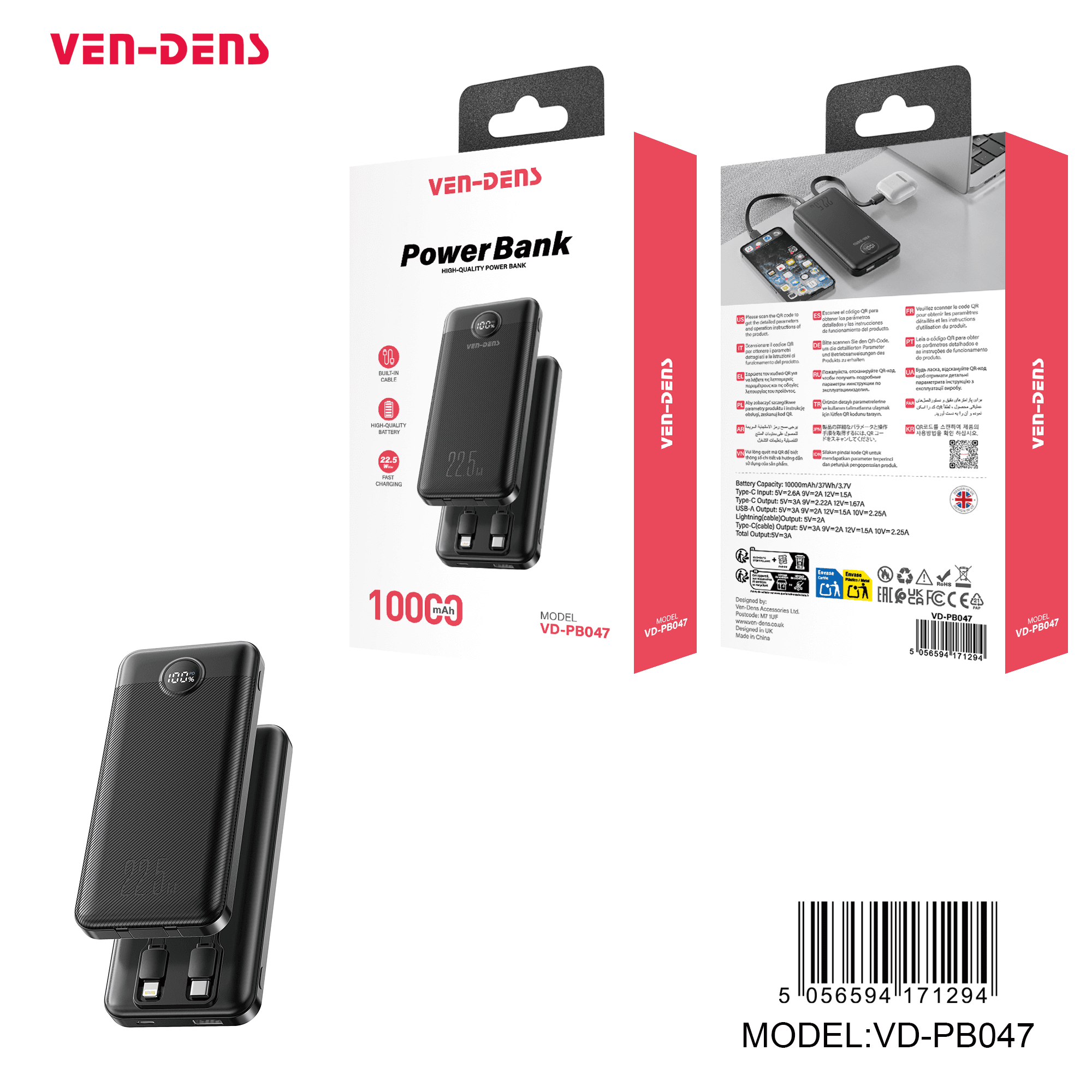 Power Bank 10000mAh 2IN1 Built in Charging Cables