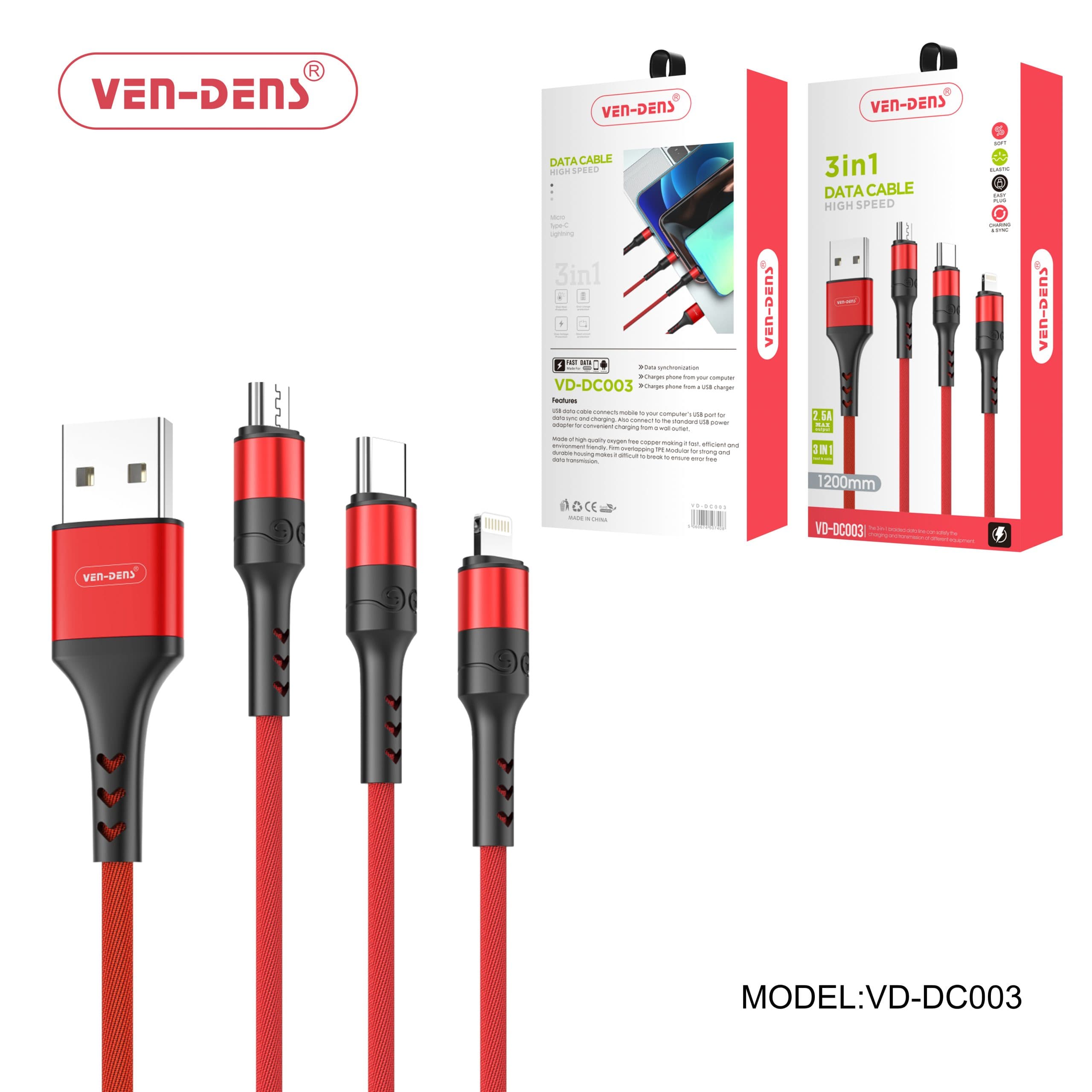 3 In 1 USB to Type C Lightning and Micro Charging Cable RED (1.2 Metre)