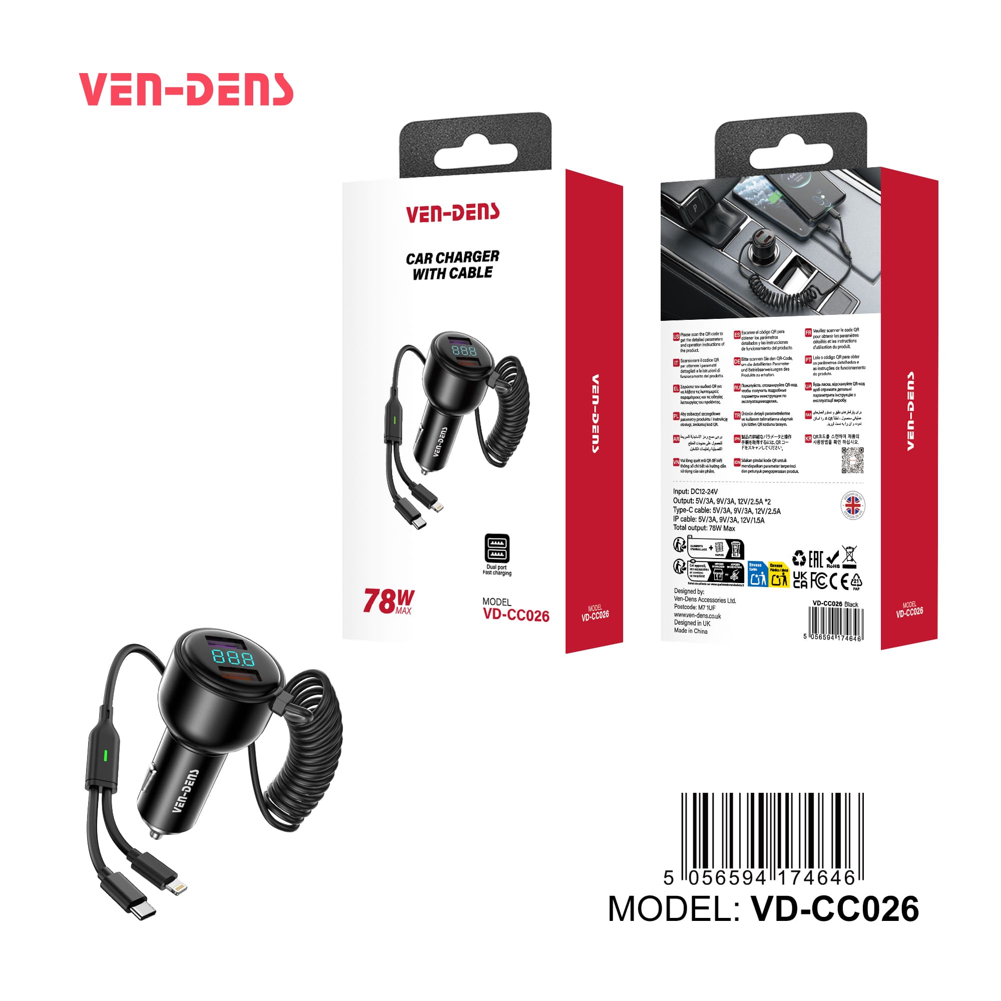 78W Car Charger with Built-In Cable, Dual Output Fast Charging Adapter with Digital Display, Type-C + Lightning Coiled Cable, High-Speed Car Phone Charger