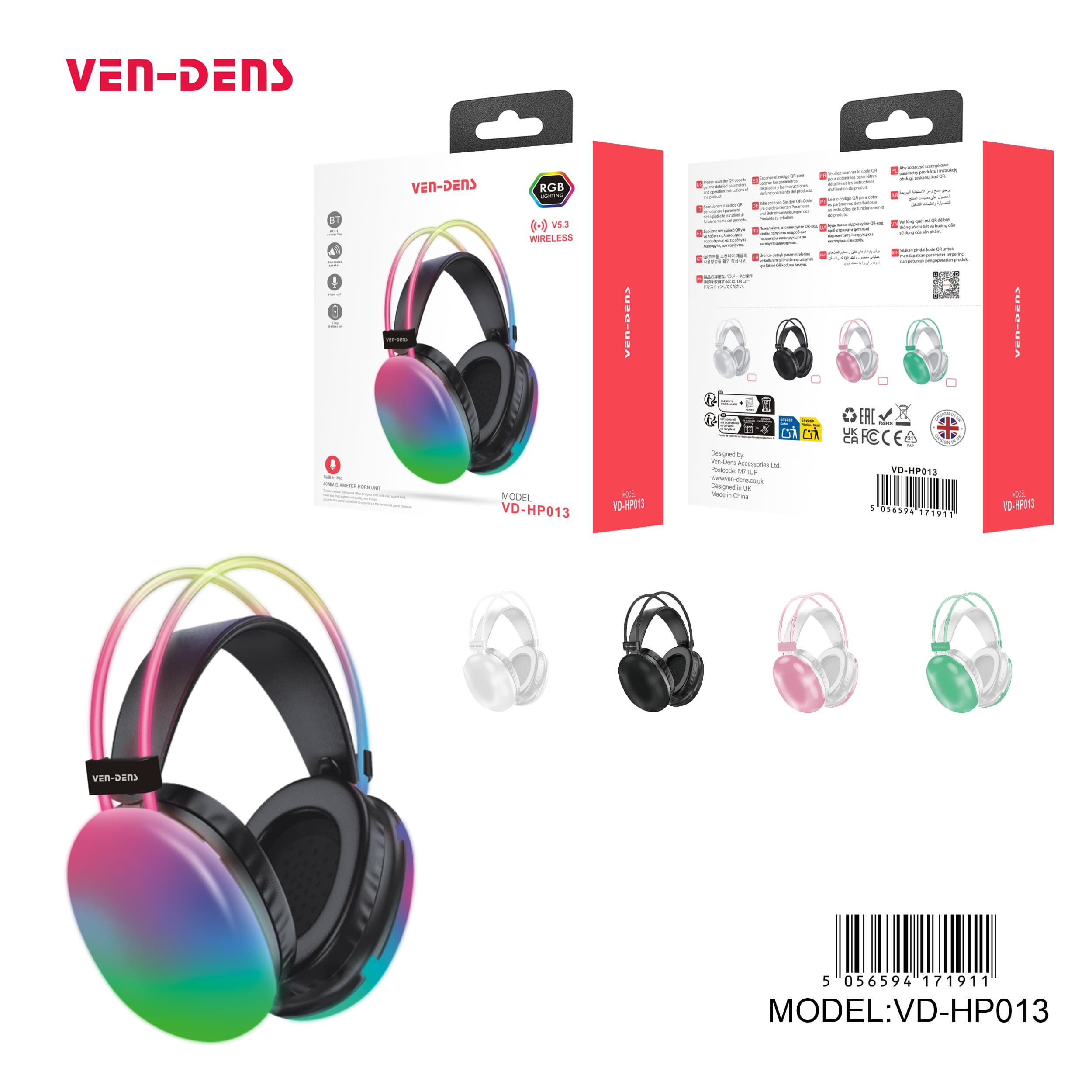 RGB LIGHTING 40MM HORN UNIT Wireless Headphone With BUILT-IN-MIC (VD-HP013)