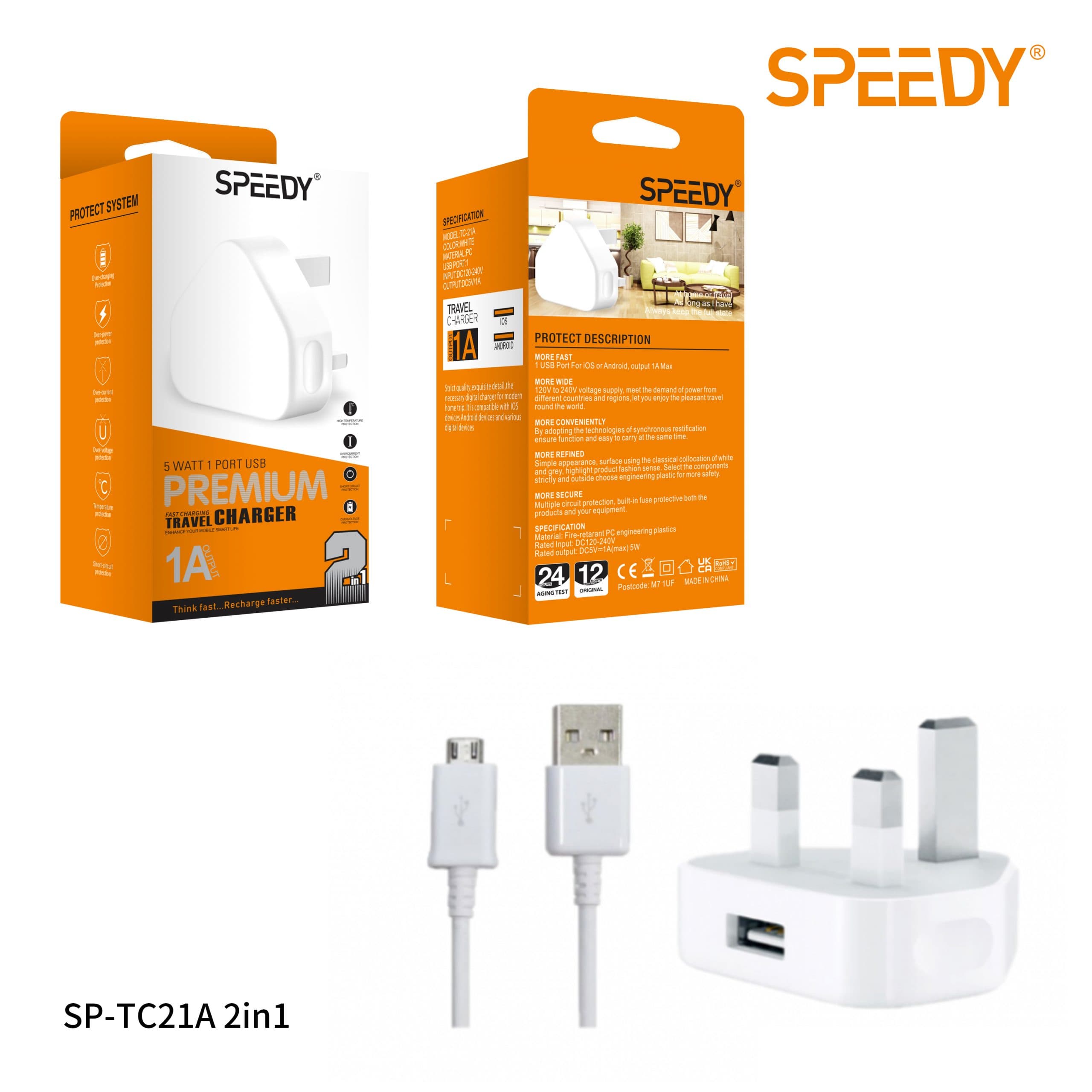 5 Watt 1 Port USB Fast Charging Travel Charger with Micro USB Cable (SP-TC21A 2 IN 1)