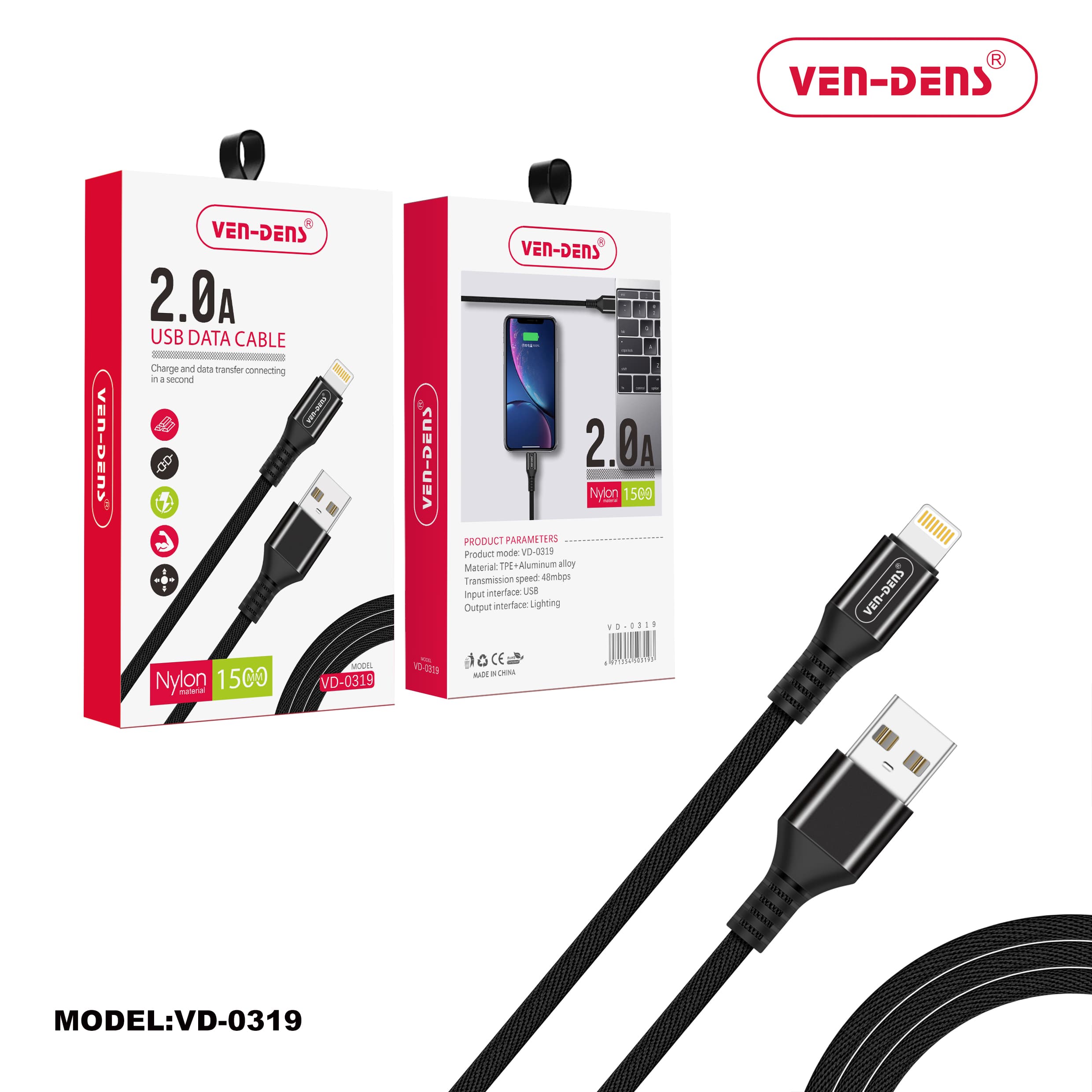 USB to Lightning Fast Charging Cable 2A Nylon Cable Black (1.5 Metre)