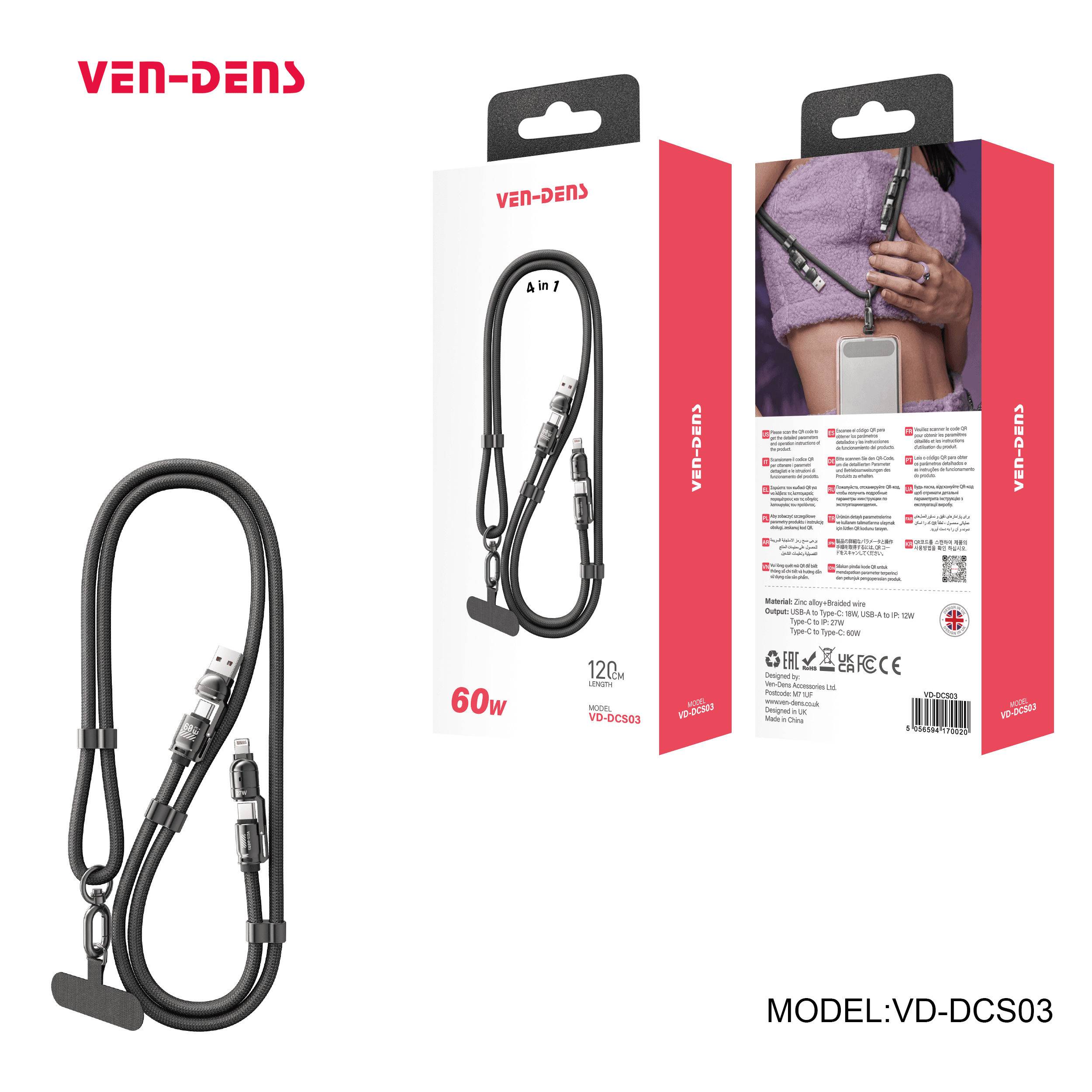 4IN1 Cable 60W TYPE C TO TYPE C & 27W TYPE C TO IPHONE, USB A TO IPHONE 12W, USBA TO TYPE C 18W