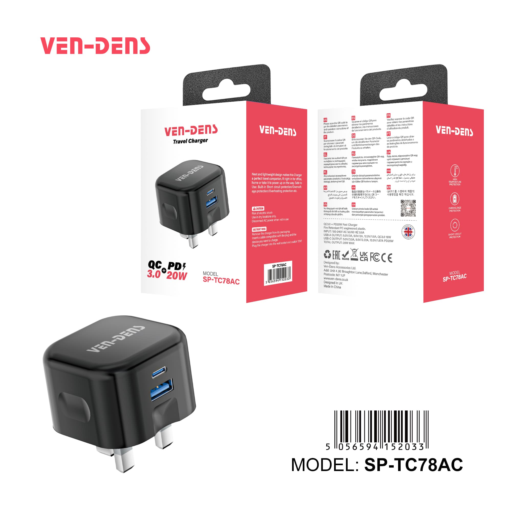 Dual Port QC 3.0 + PD 20w Fast Charger Wall Plug (BLACK)