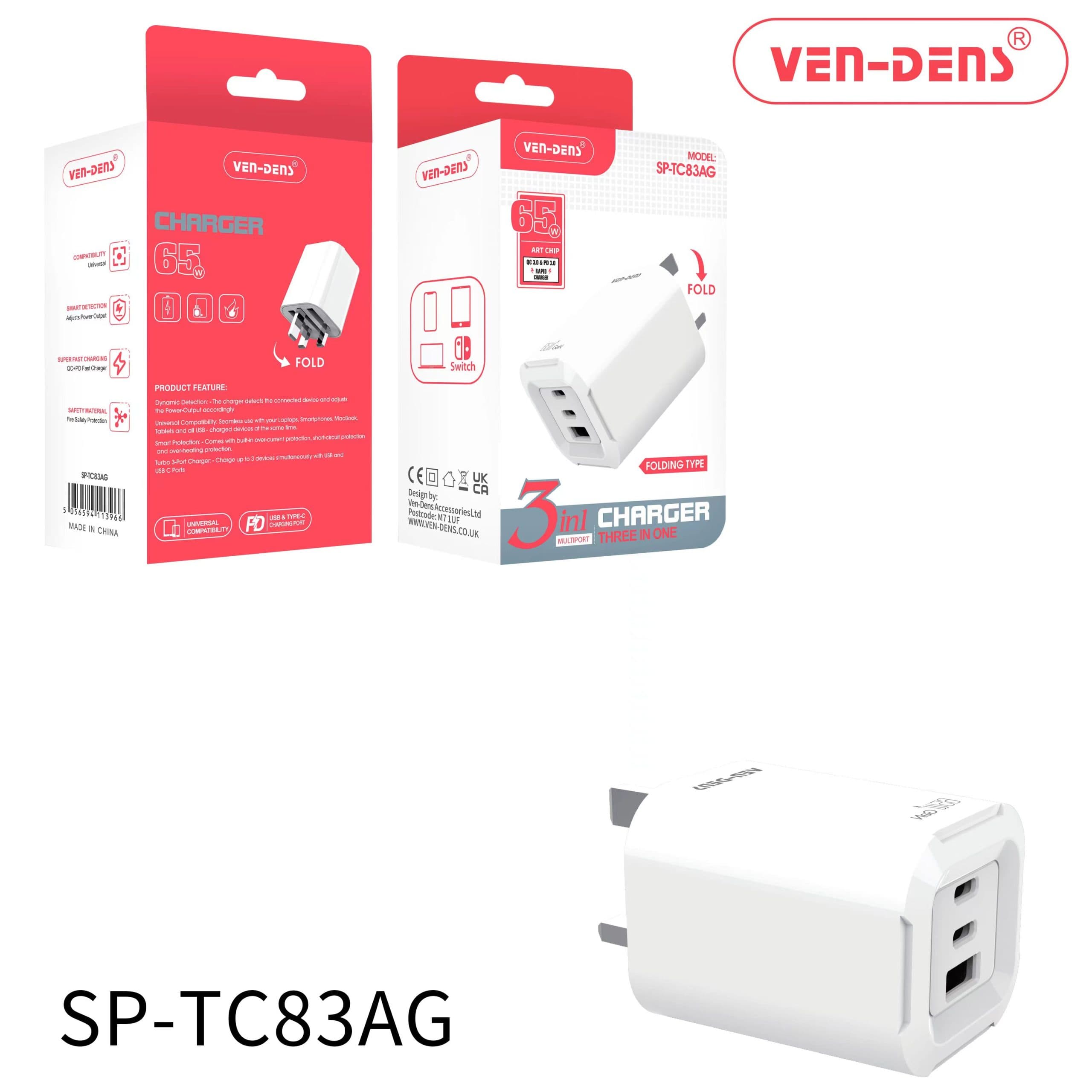 65W GaN Charger USB & Type-C 3 in 1 Multi Port Charger Folding Plug (SP-TC83AG)