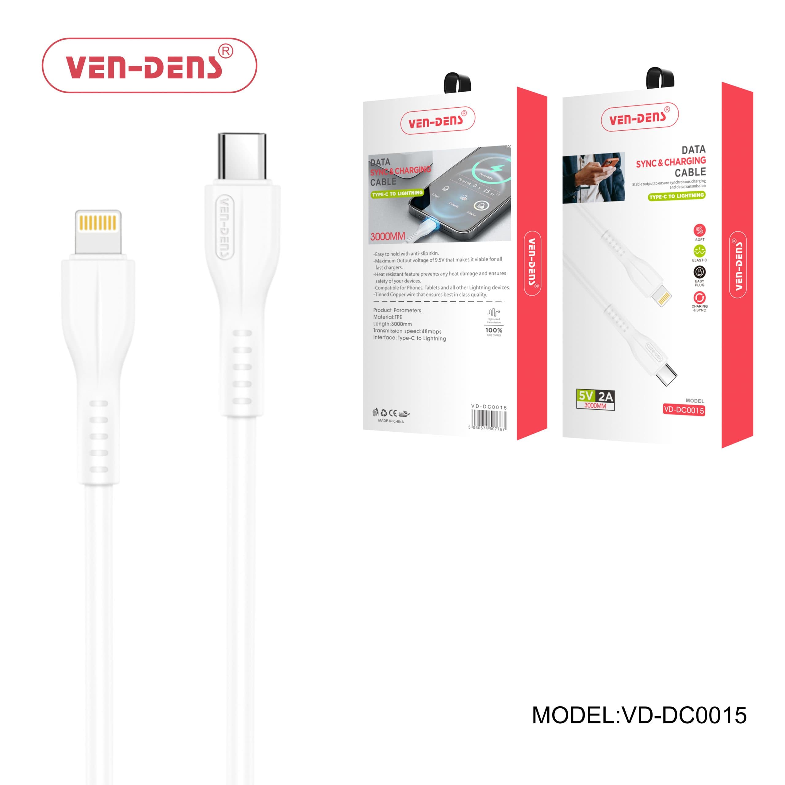 Type C To Lightning Charging Cable 2A White (3 Metre)