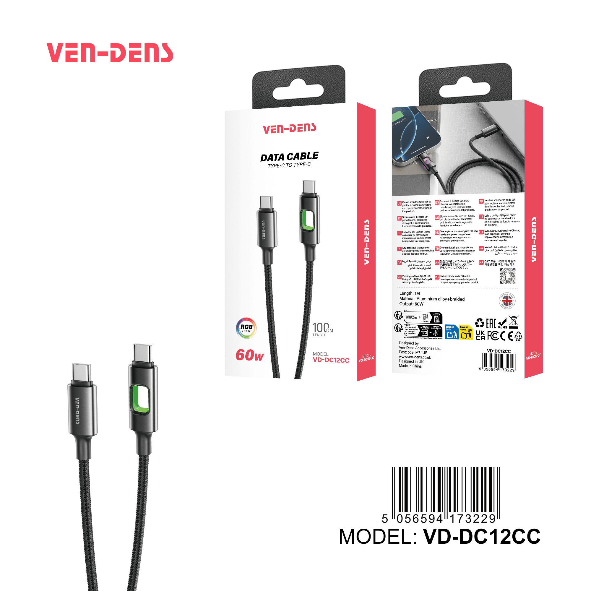 60W RGB LIGHT Cable USB C To TYPE C Cable
