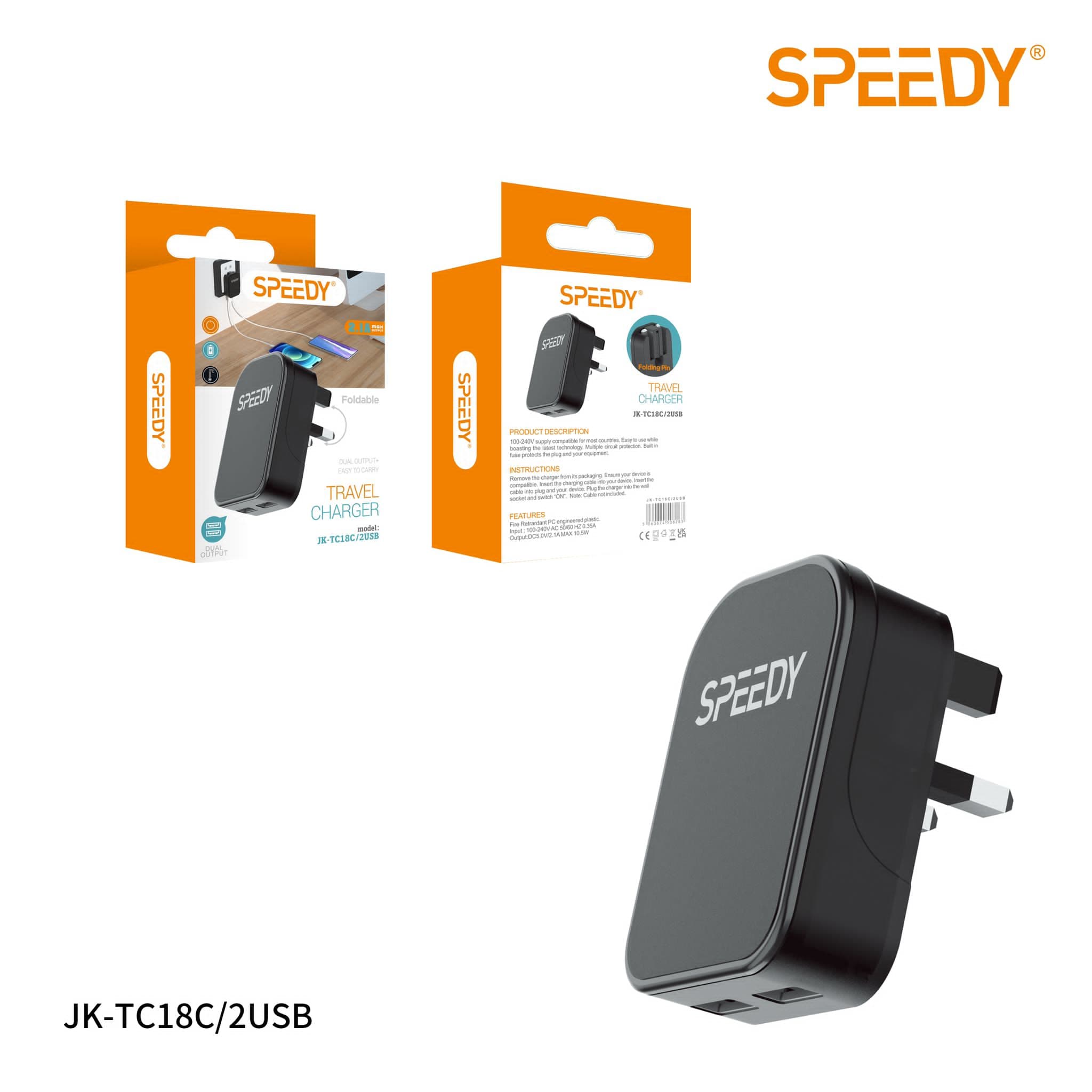 Foldable Travel Charger with Dual Output (JK-TC18C/2USB ) Black