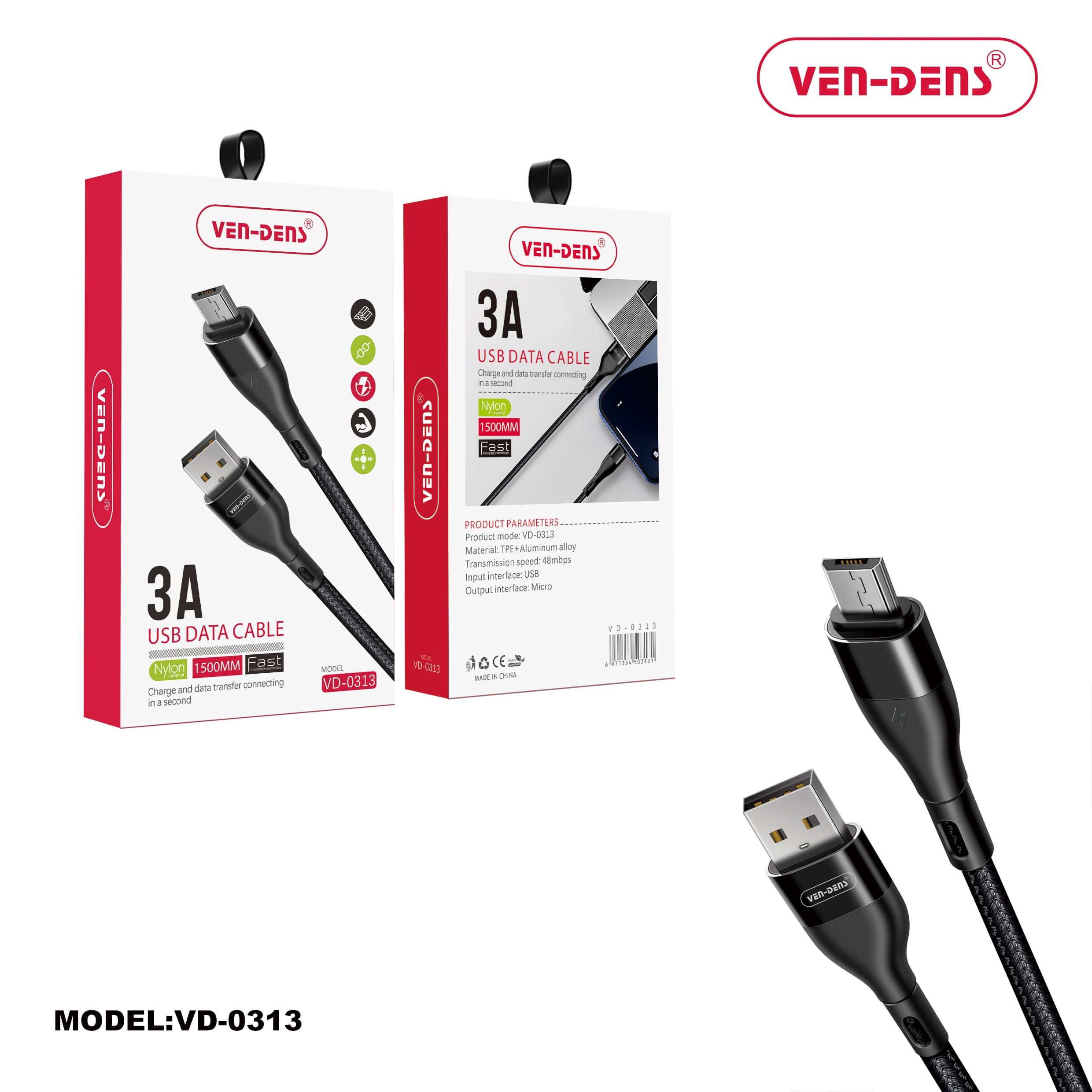 USB to Micro Charger Cable 3A Nylon Cable Black (1.5 Metre)