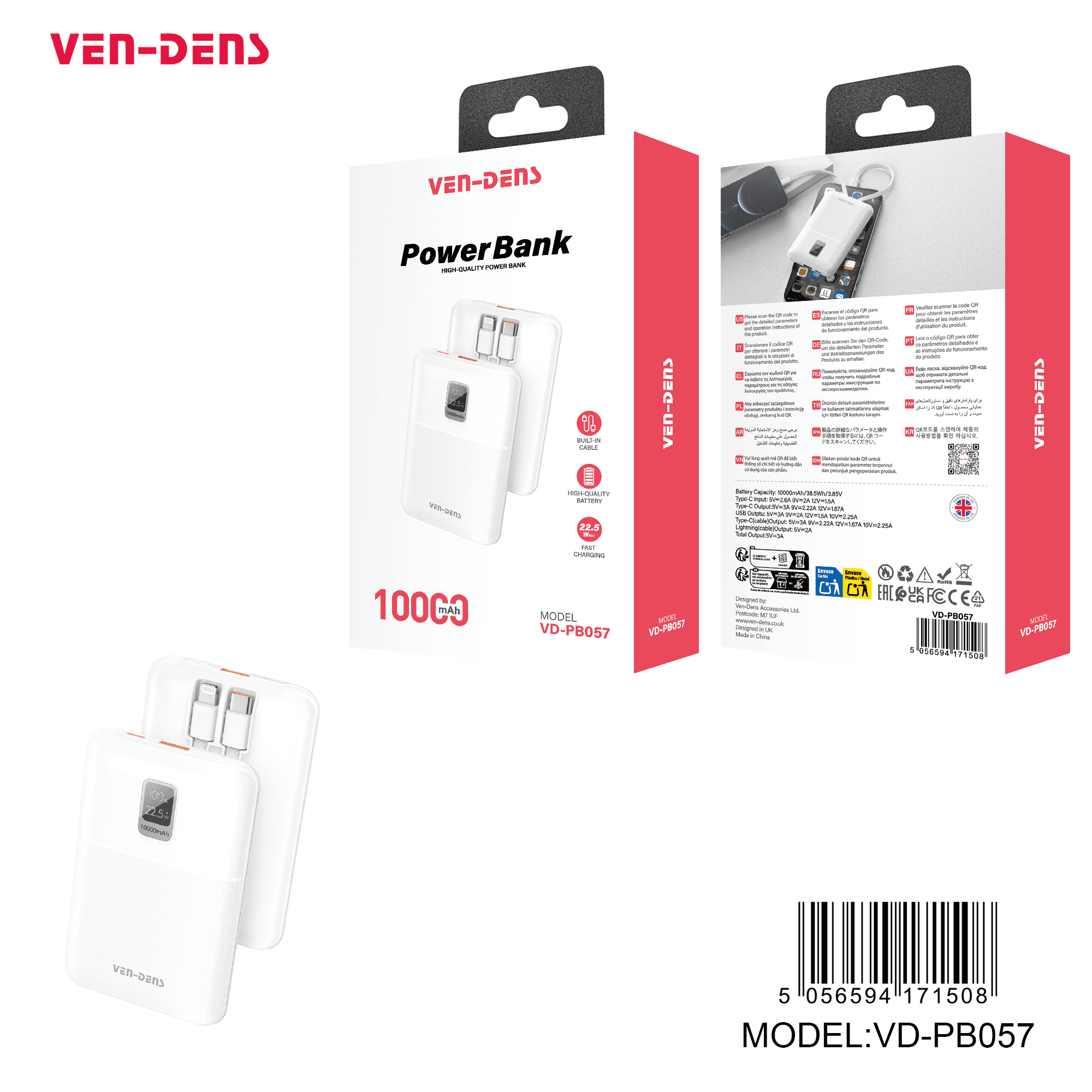 Power Bank 10000mAh 2IN1 Built in Charging Cables