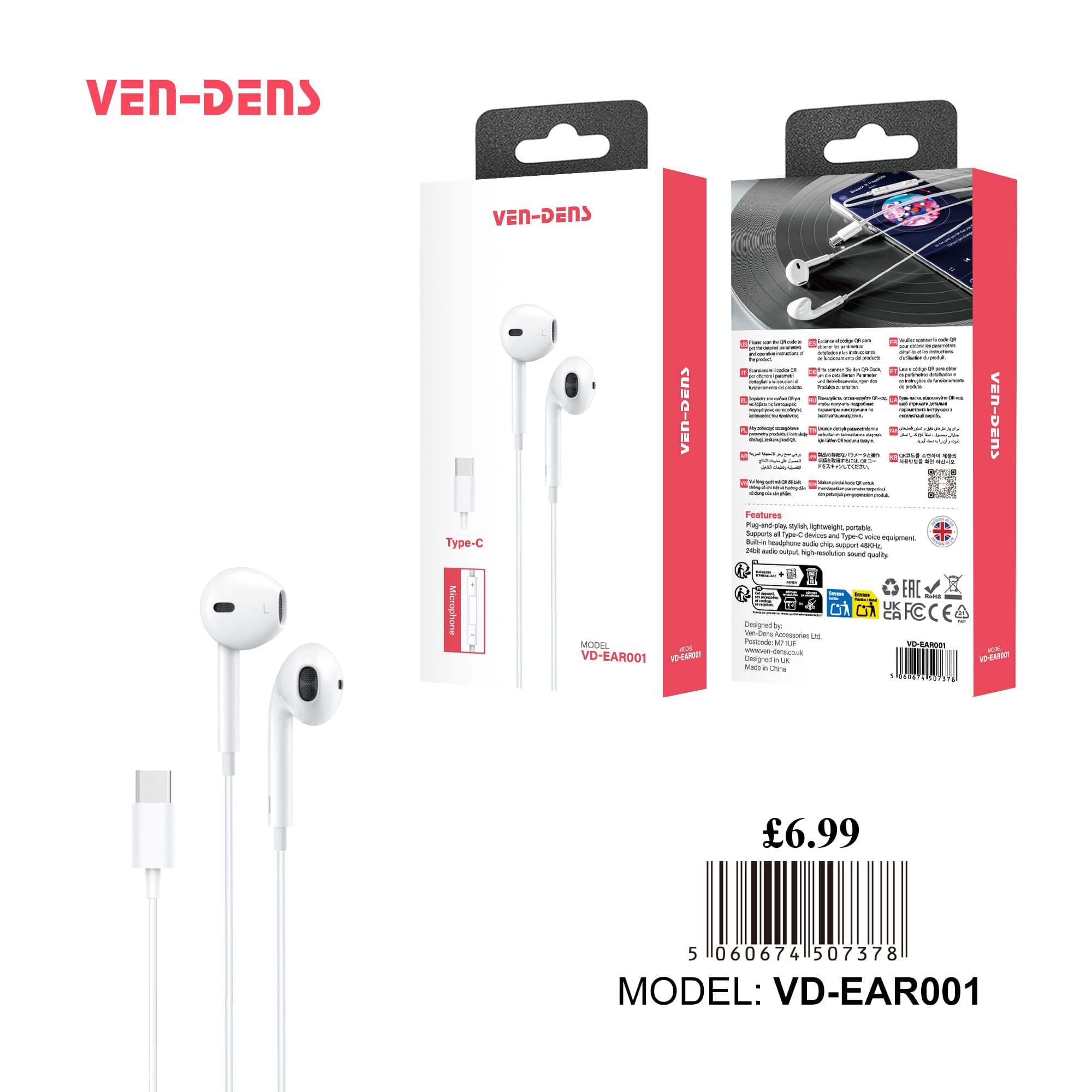 VEN-DENS Type-C Wired Earphones with Microphone, Hi-Fi Stereo In-Ear Headphones, Lightweight & Plug-and-Play Earbuds for Android, USB-C Smartphones, Tablets & Laptops – White (VD-EAR001)