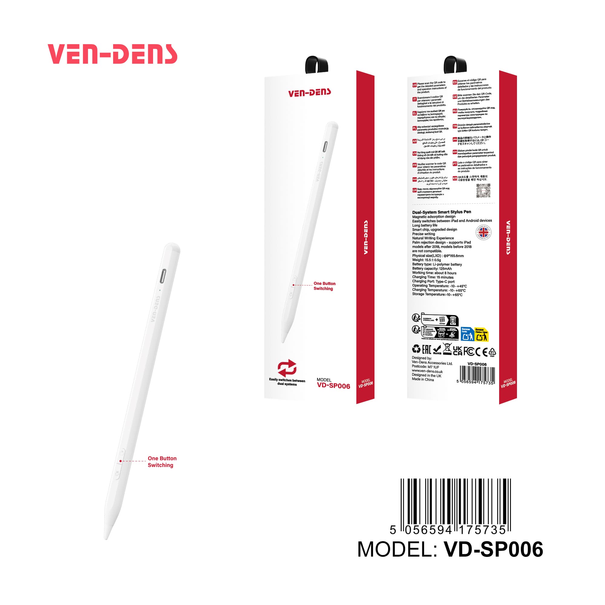 Dual System Smart Stylus Pen for iPad & Android – Magnetic, One-Button Switch, Fast Charging, Precision Writing (VD-SP006)