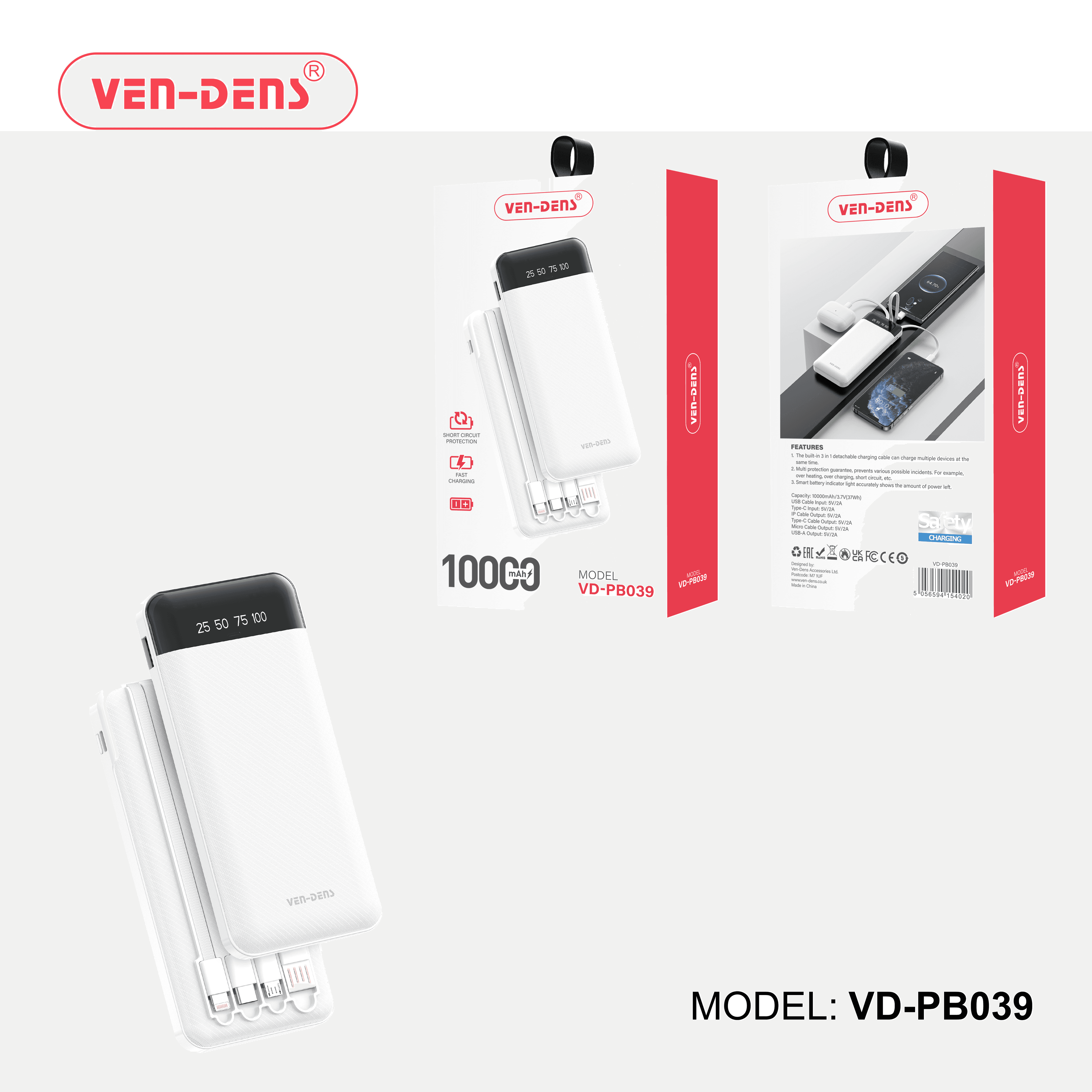 Power Bank 10000mAh 3IN1 Built in Charging Cables