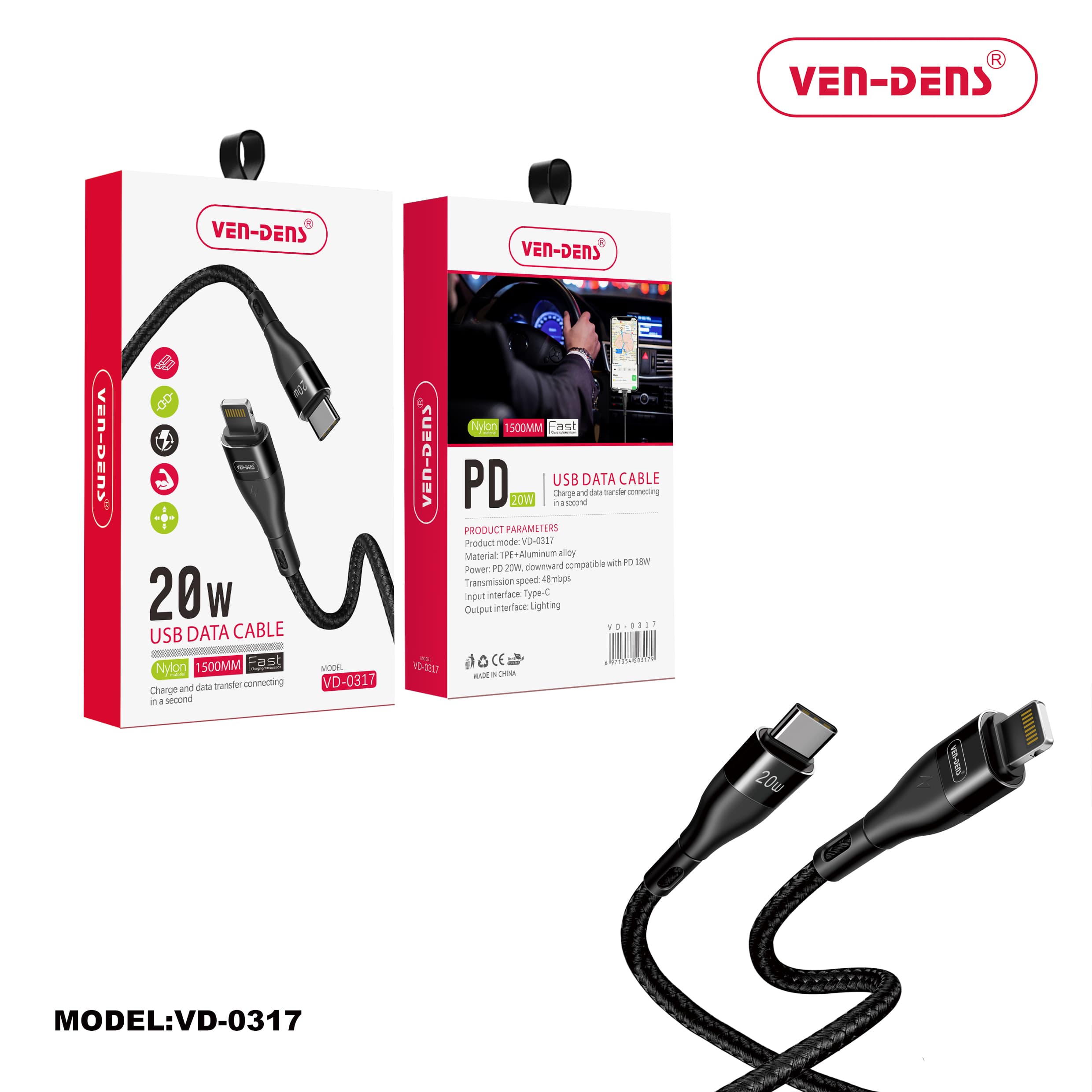 Type C To Lightning Cable 20W Braided Black (1.5 Metre)