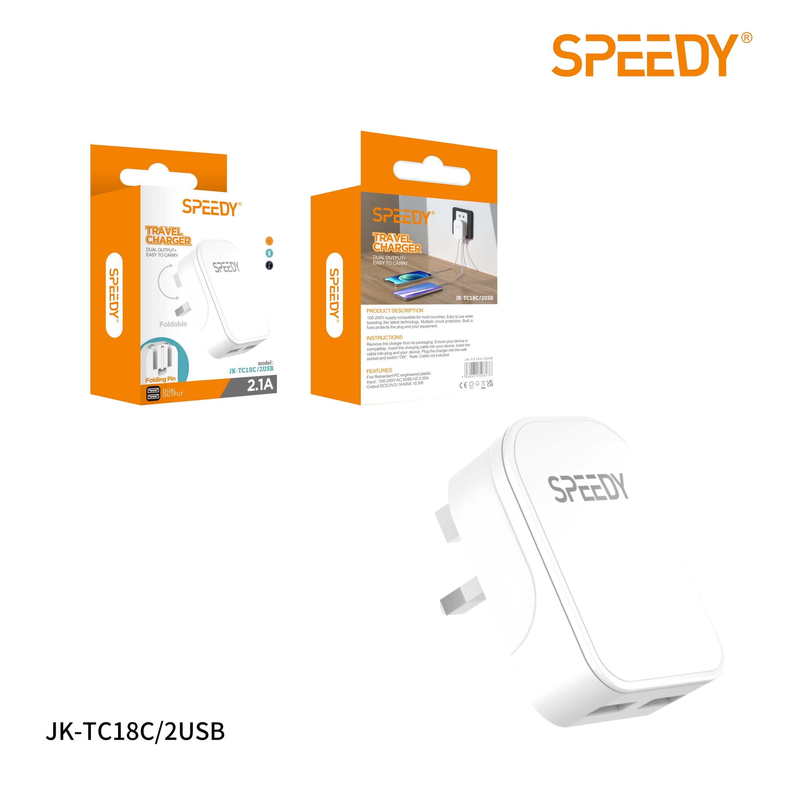 Foldable Travel Charger with Dual Output (JK-TC18C/2USB ) White