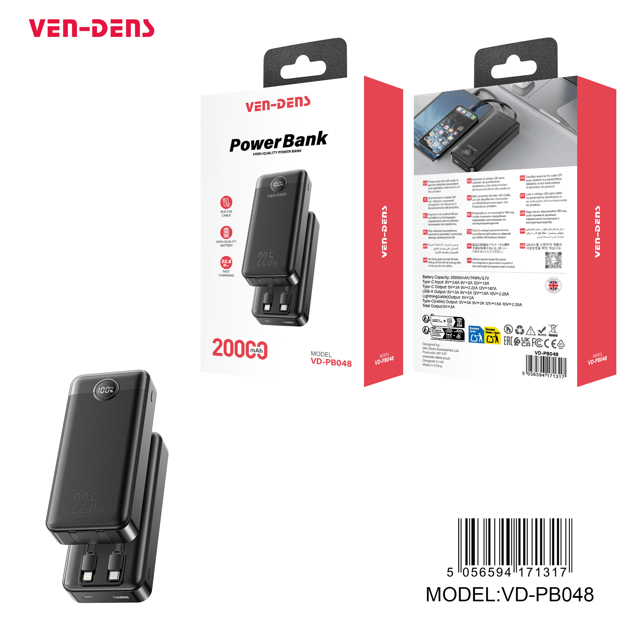 Power Bank 20000mAh 2IN1 Built in Charging Cables