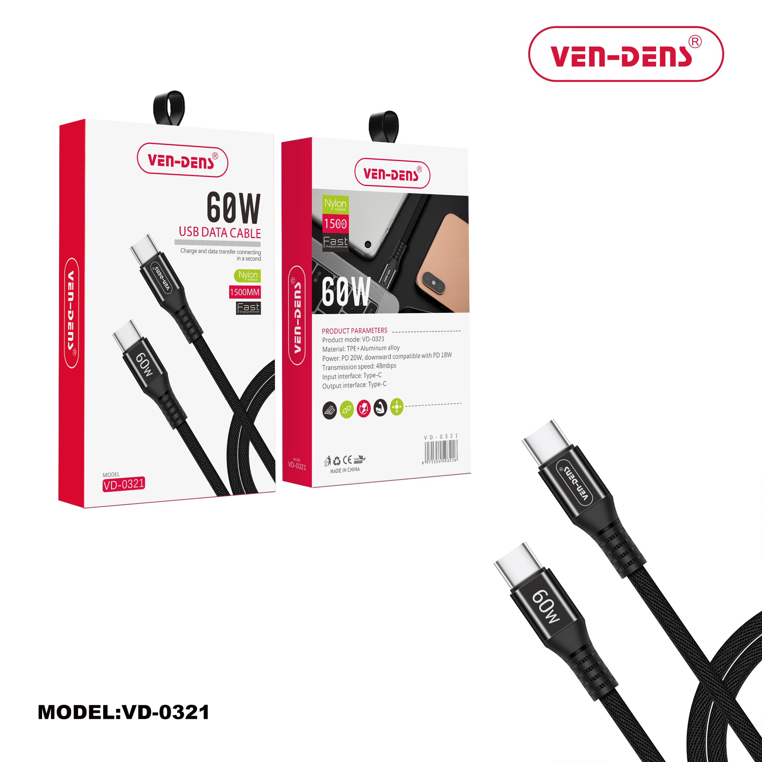 Type C To Type C Charging Cable 60W Nylon Cable (1.5 Metre)