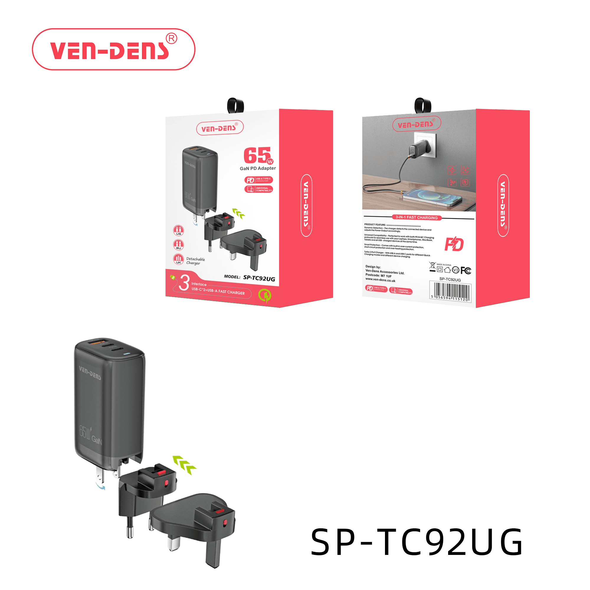 65W GaN Charger USB & Type-C 3 in 1 Multi Port Charger Folding Plug Detachable Charger (SP-TC92UG)