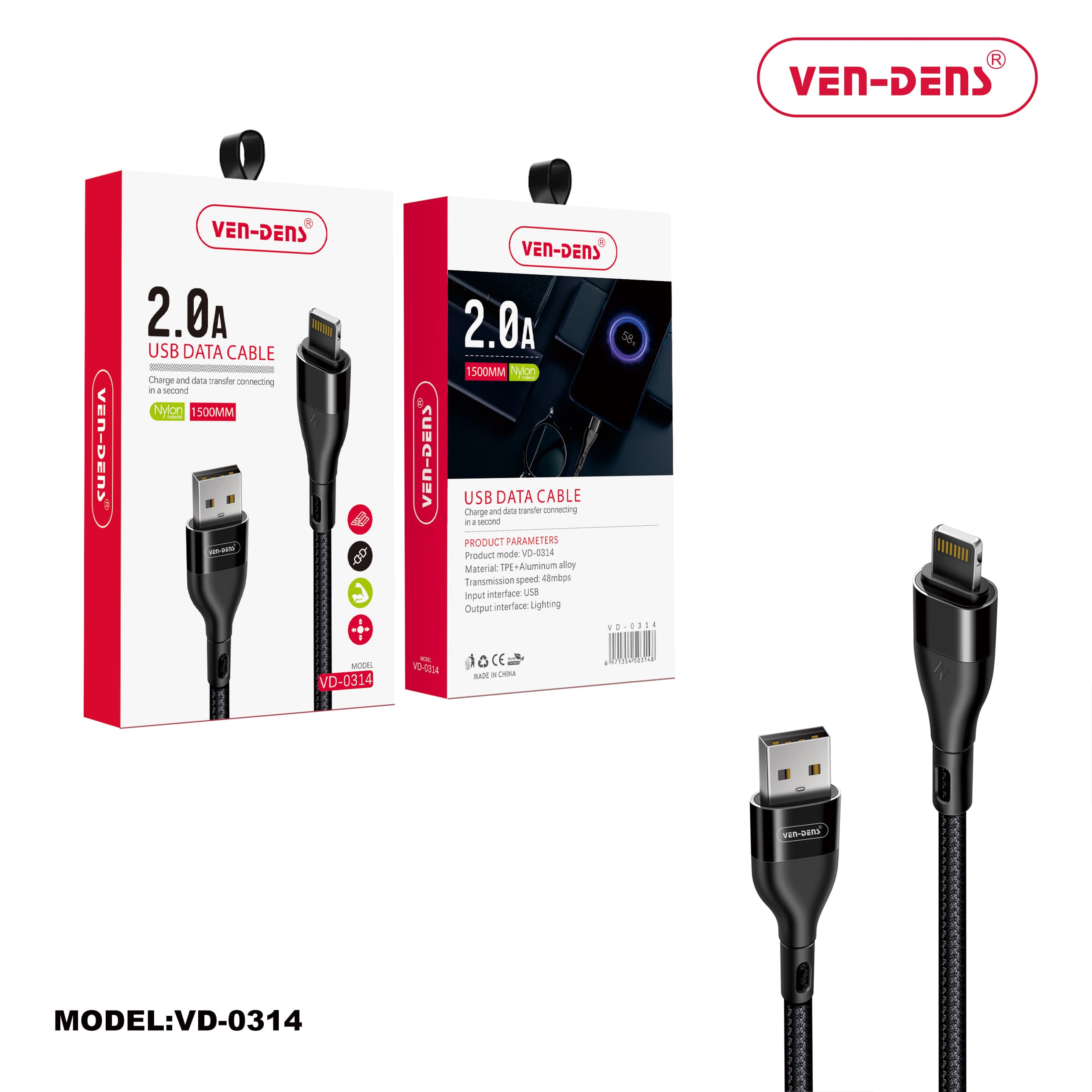 USB to Lightning Charging Cable 2A Nylon Cable Black (1.5 Metre)