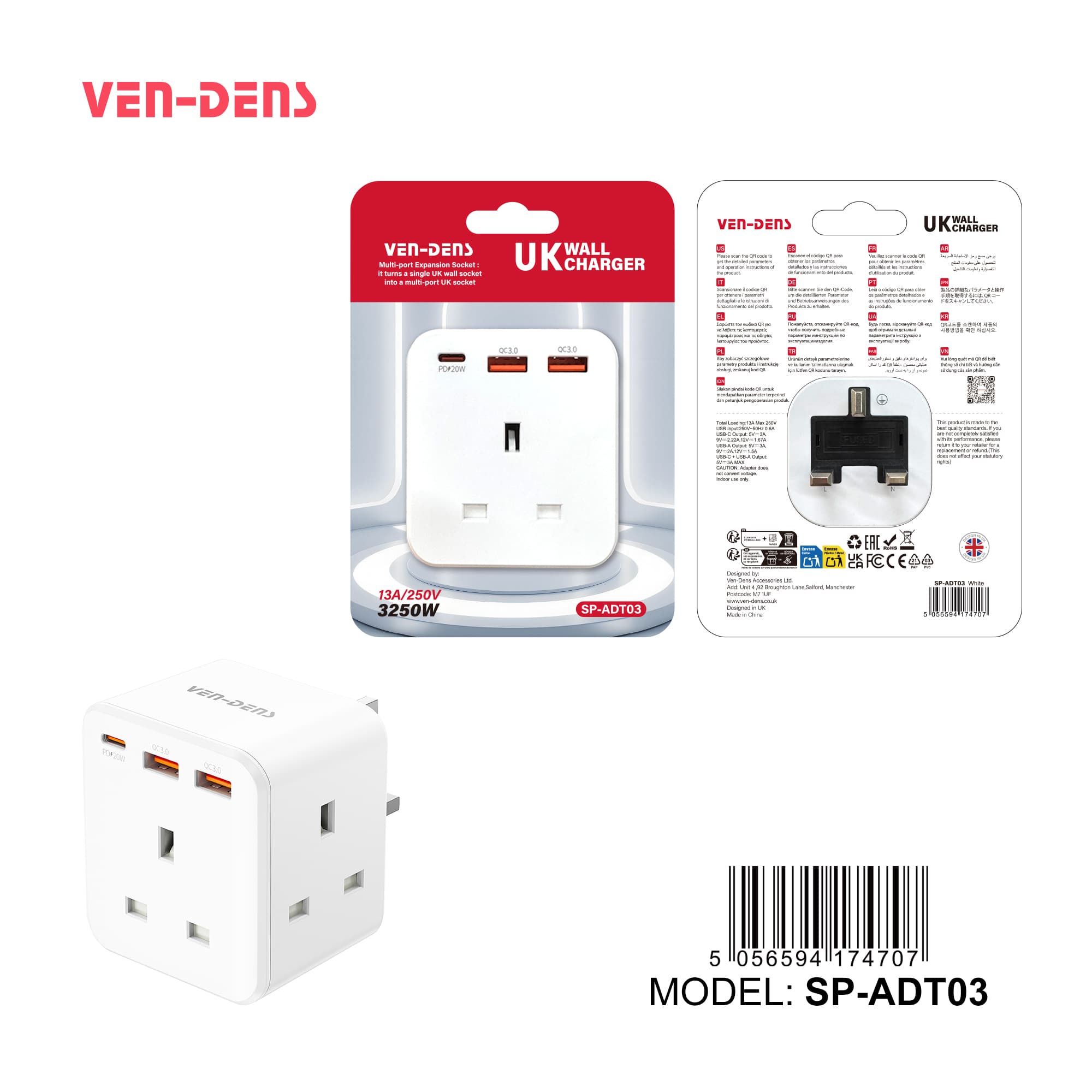 UK Wall Charger Multi-Port Adapter with 1 AC Socket + 20W USB-C PD + Dual QC3.0 USB Ports | 13A 3250W | Model SP-ADT03