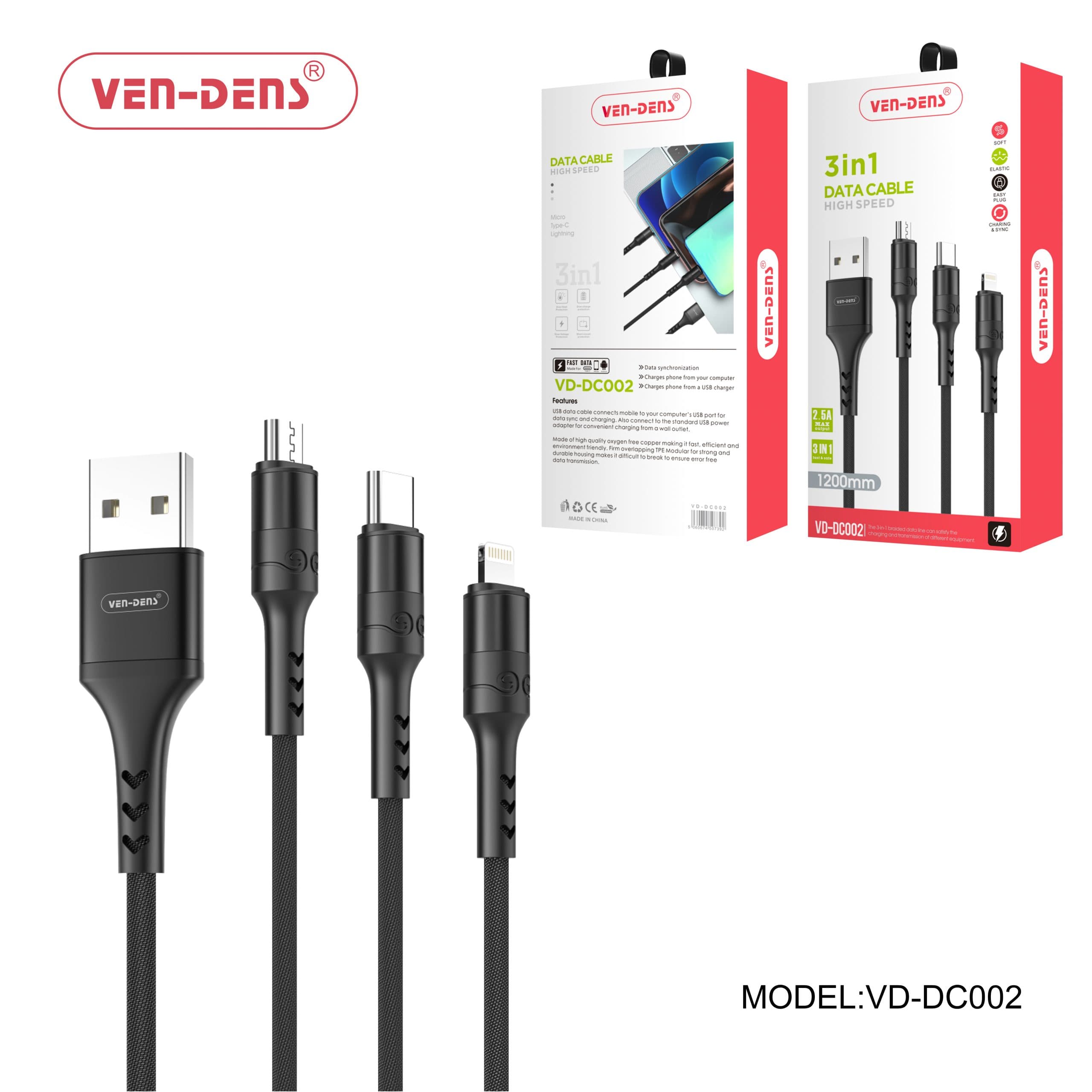 3 In 1 USB to Type C Lightning and Micro Charging Cable Black (1.2 Metre)