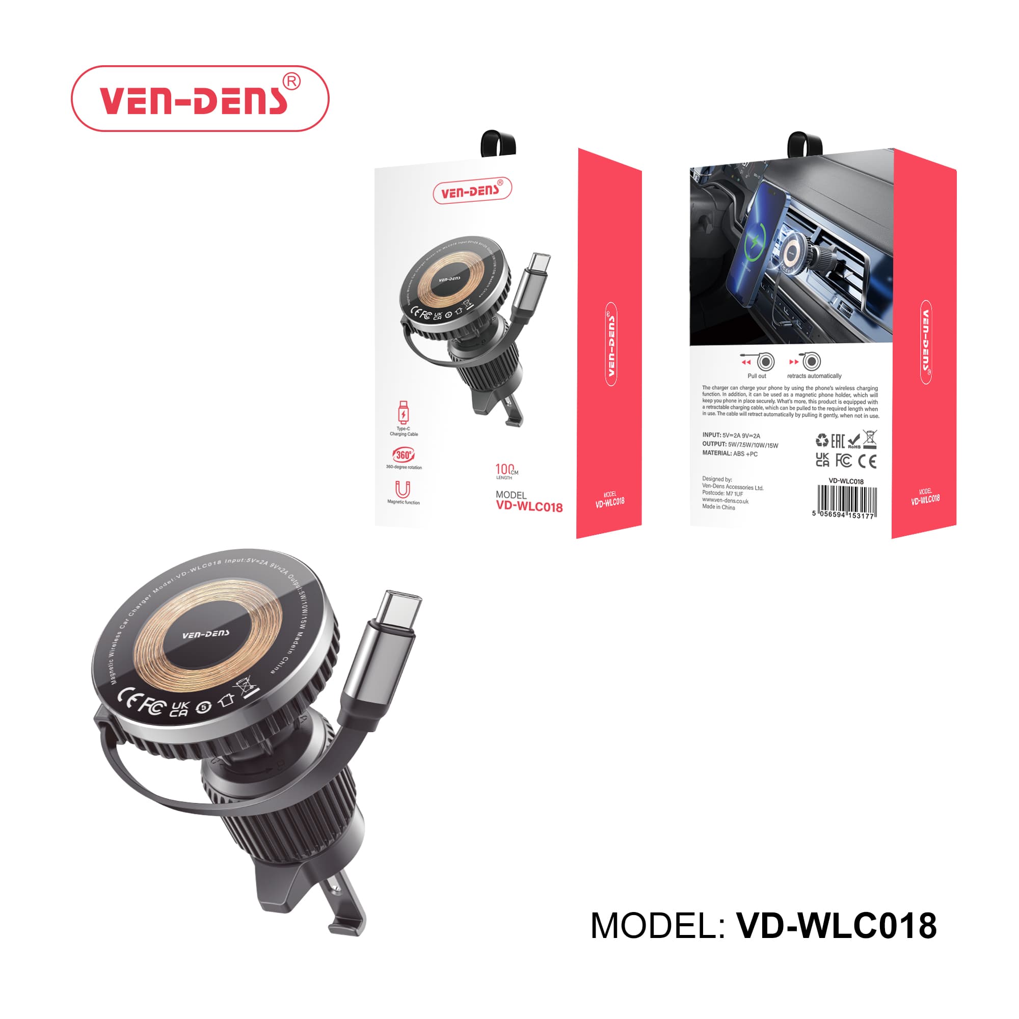 360 Rotation magnetic function Wireless car Charger With Type-C Cable