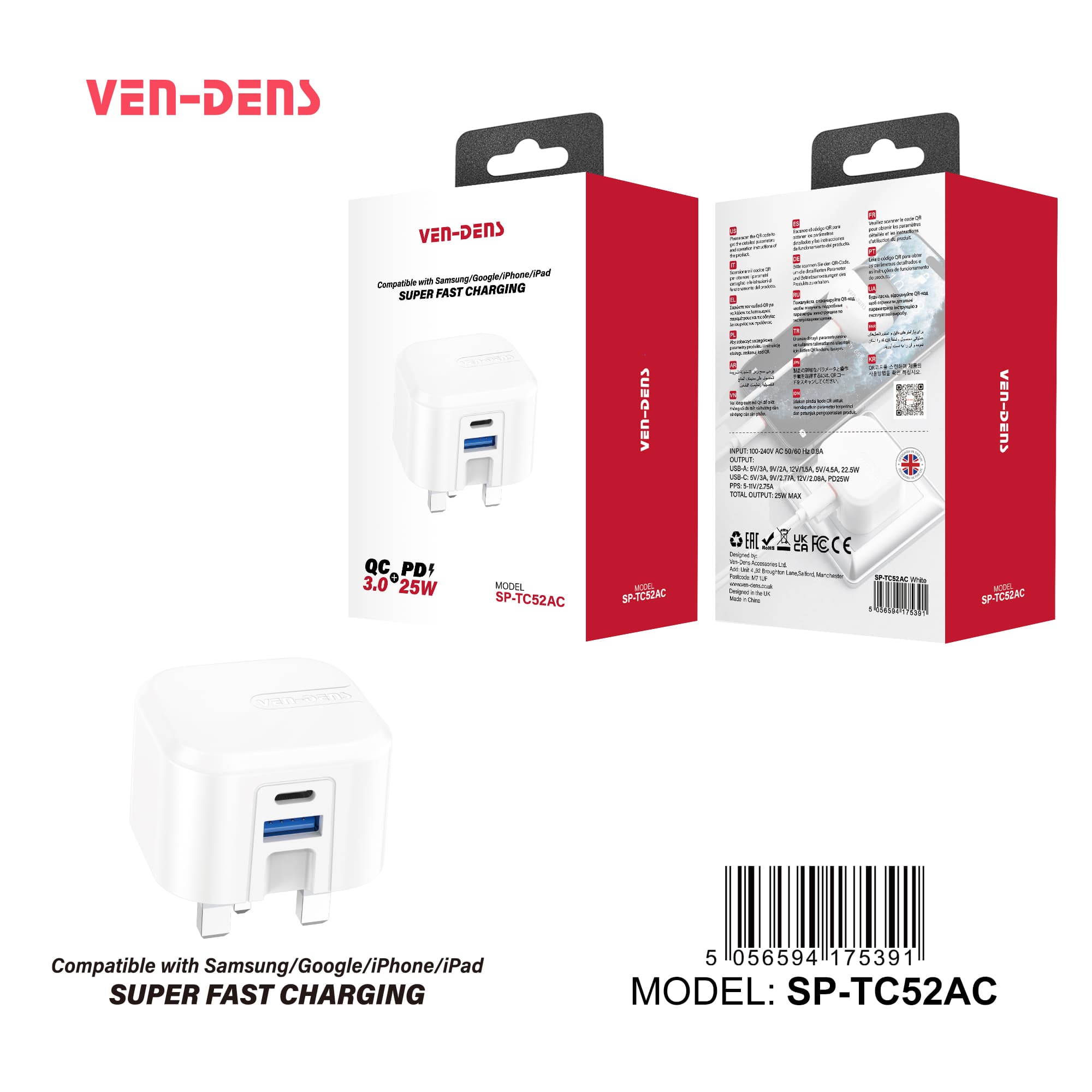25W Dual Port Fast Charger Plug – USB-C PD & USB-A QC 3.0 Super Fast Charging Wall Adapter for Samsung, Google, iPhone & iPad (Model: SP-TC52AC)