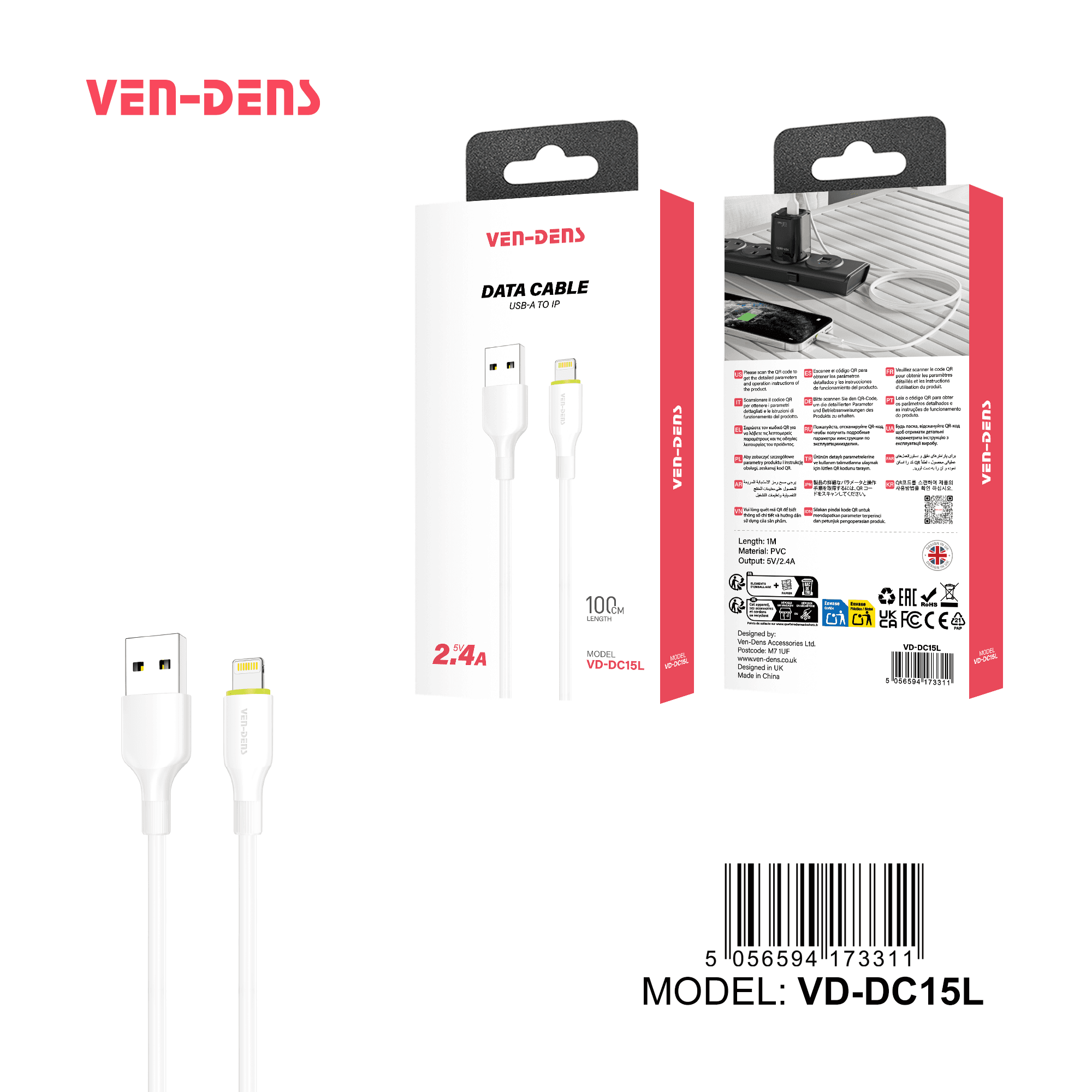5V 2.4A PVC Cable USB A To iPhone Cable