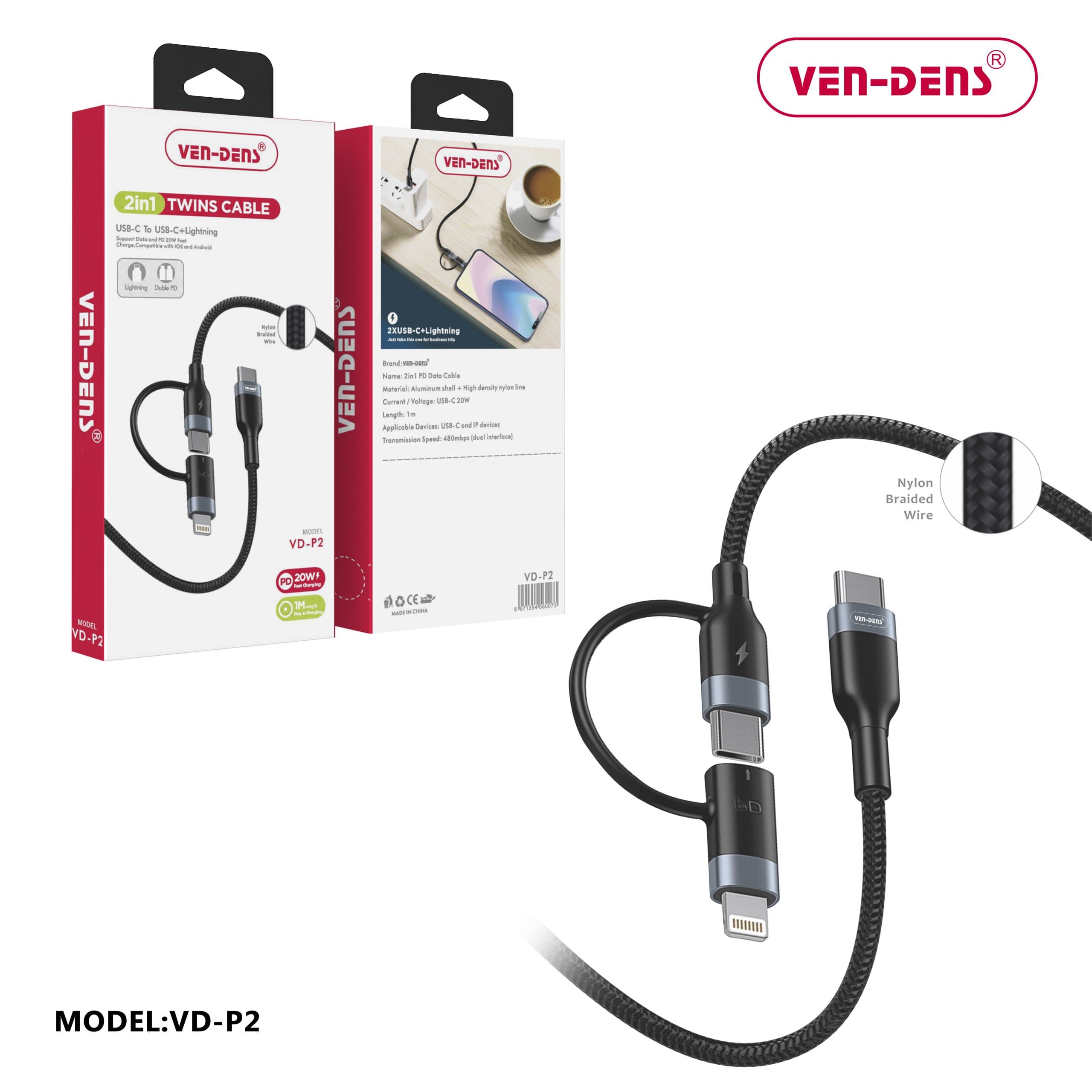 2 In 1 USB-C To USB-C + Lightning PD Data Cable 20W Braided Black (1 Metre)