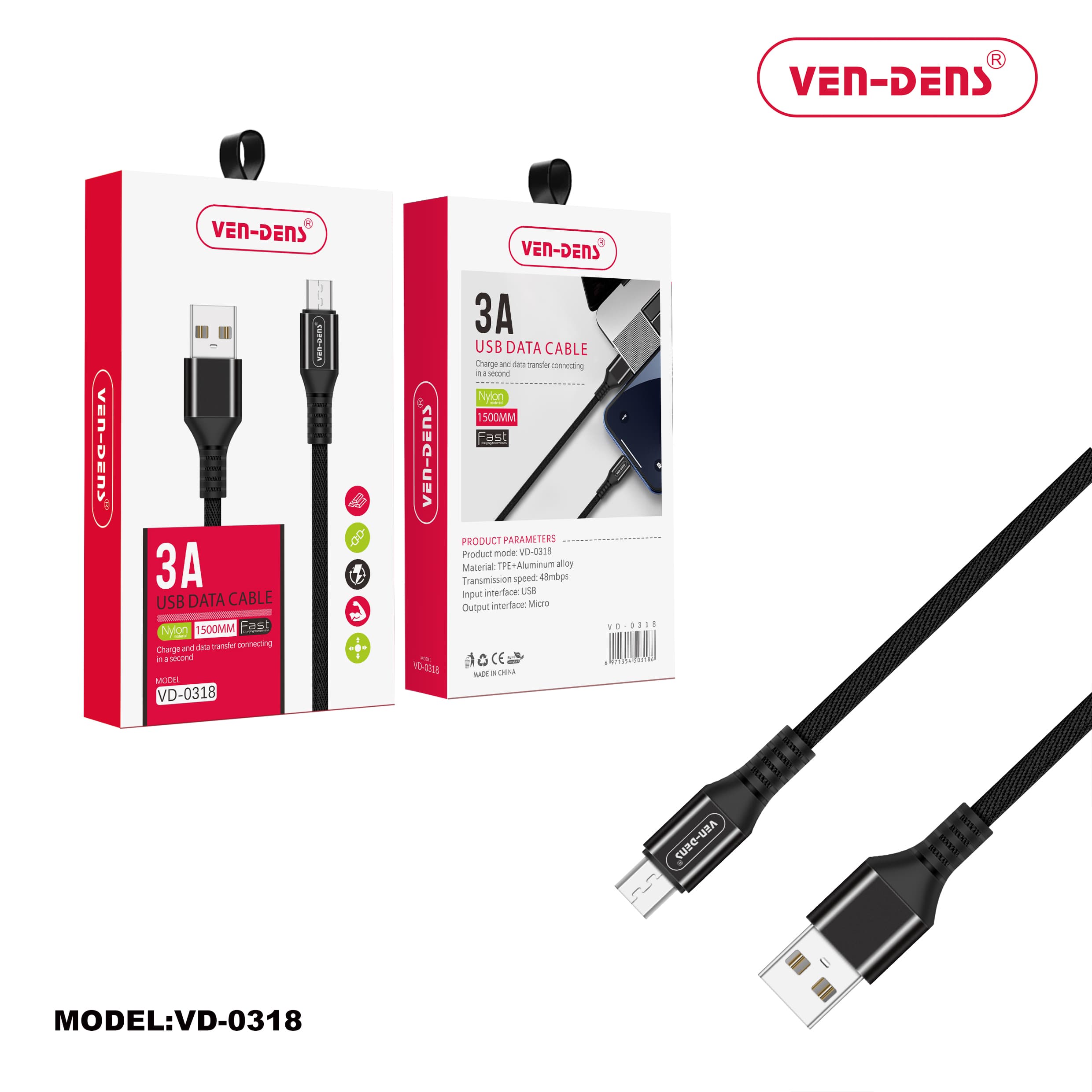 USB to Micro Charging Cable 3A Nylon Cable Black (1.5 Metre)