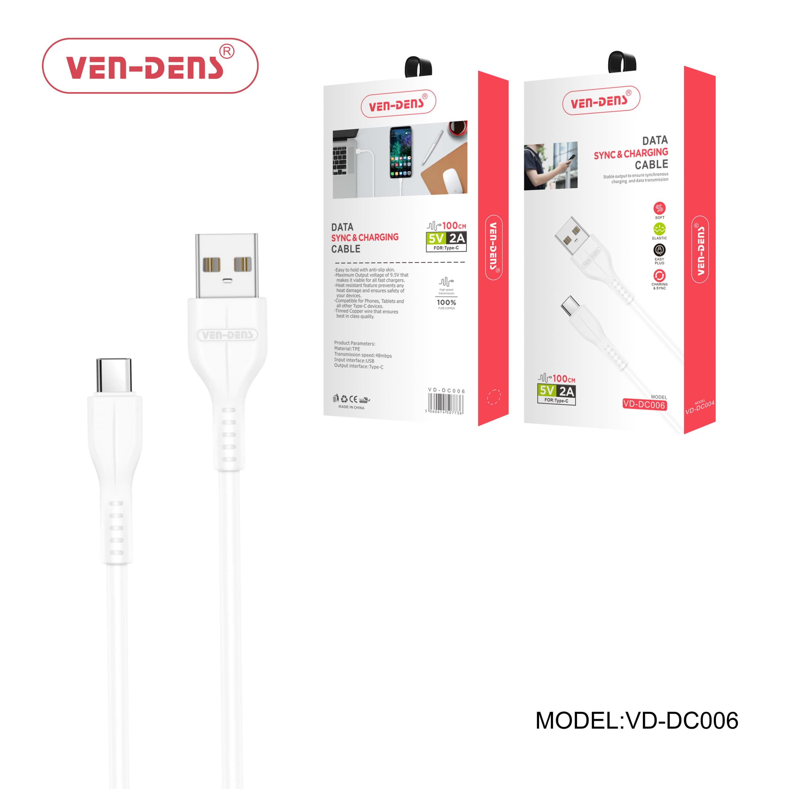 USB to Type C Charging Cable 2A White (1 Metre)