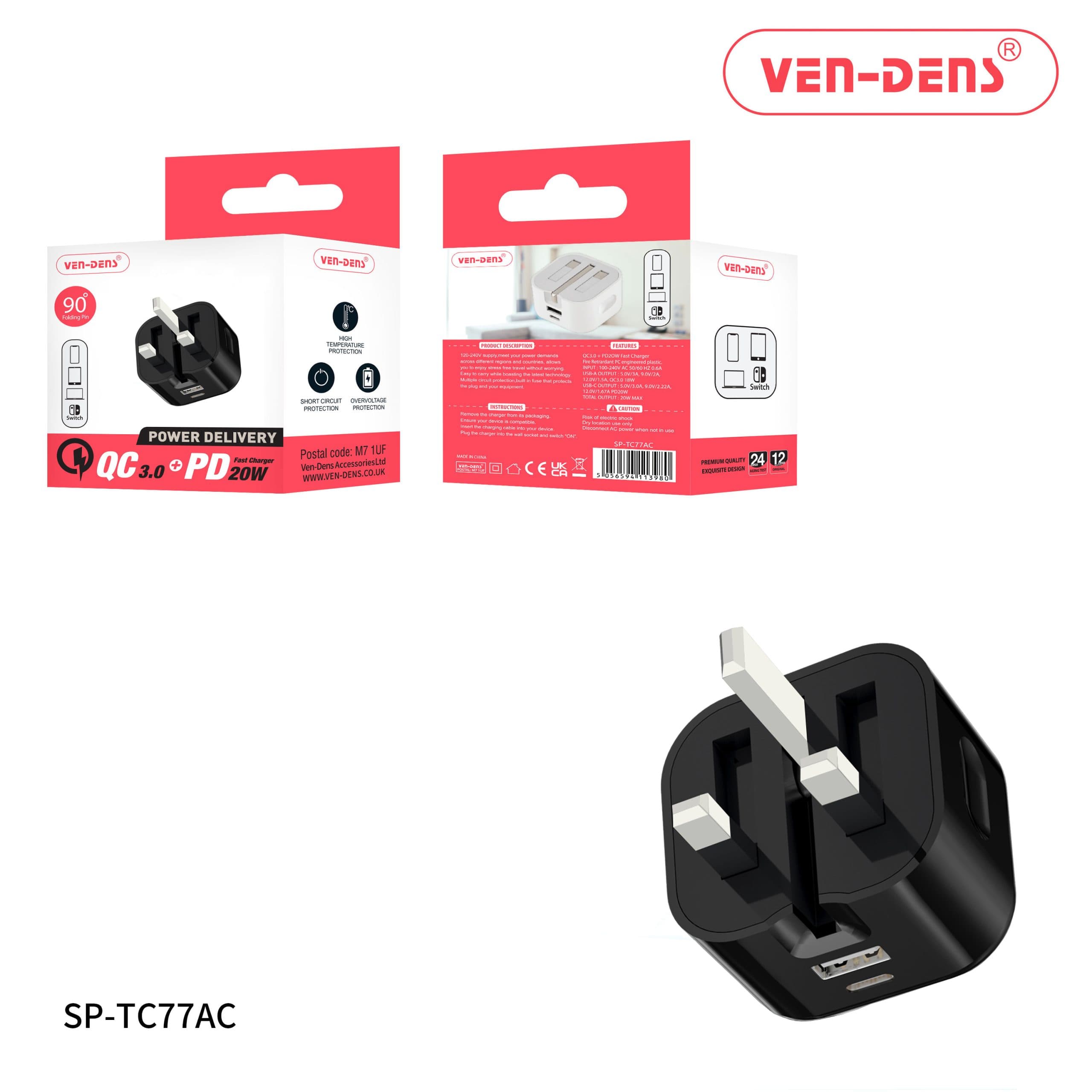 USB Type-C+PD 20w Fast Charger Folding Plug (SP-TC77AC) (BLACK)