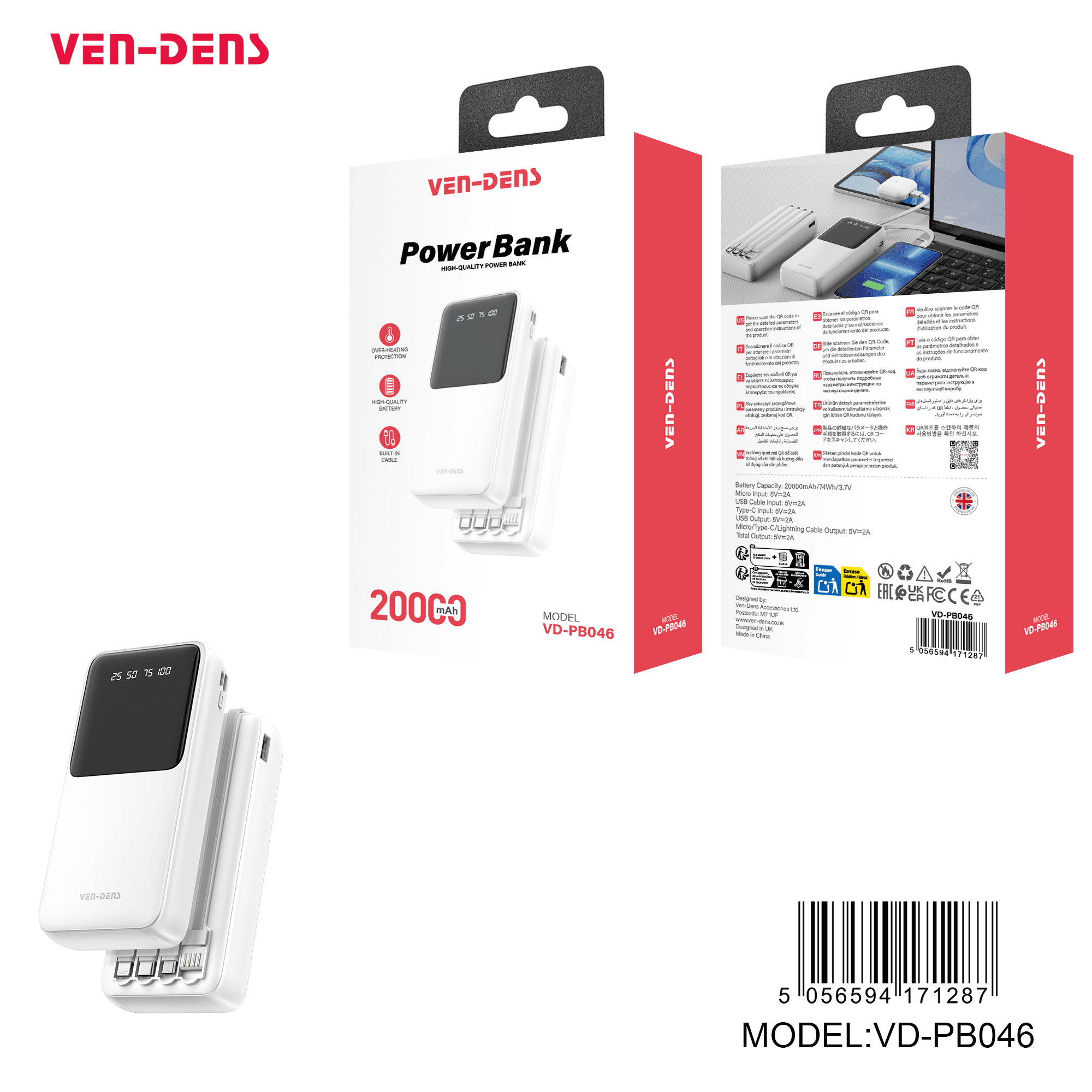 Power Bank 20000mAh 3IN1 Built in Charging Cables