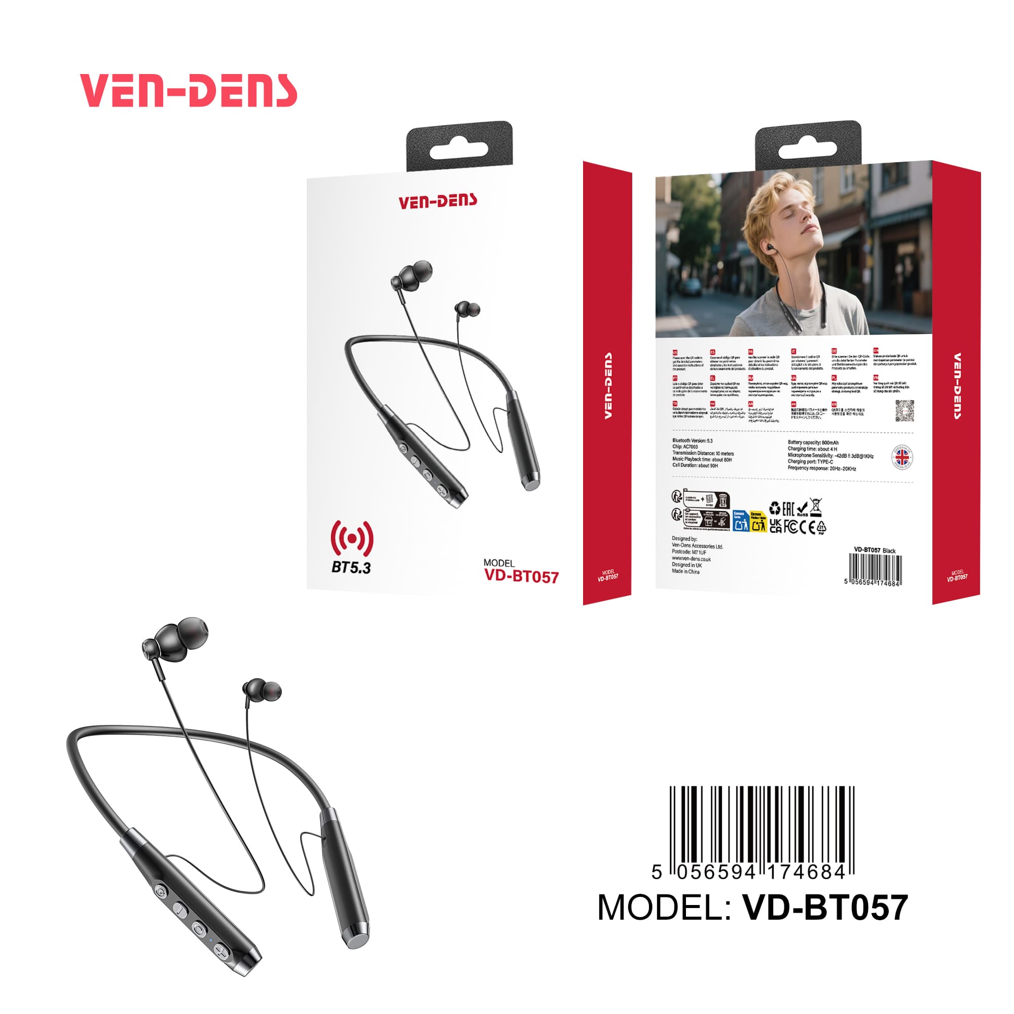 Wireless Neckband Earphones, Bluetooth 5.3, Magnetic Earbuds, Noise Isolation, Long Battery Life, Hands-Free Calling (VD-BT057)